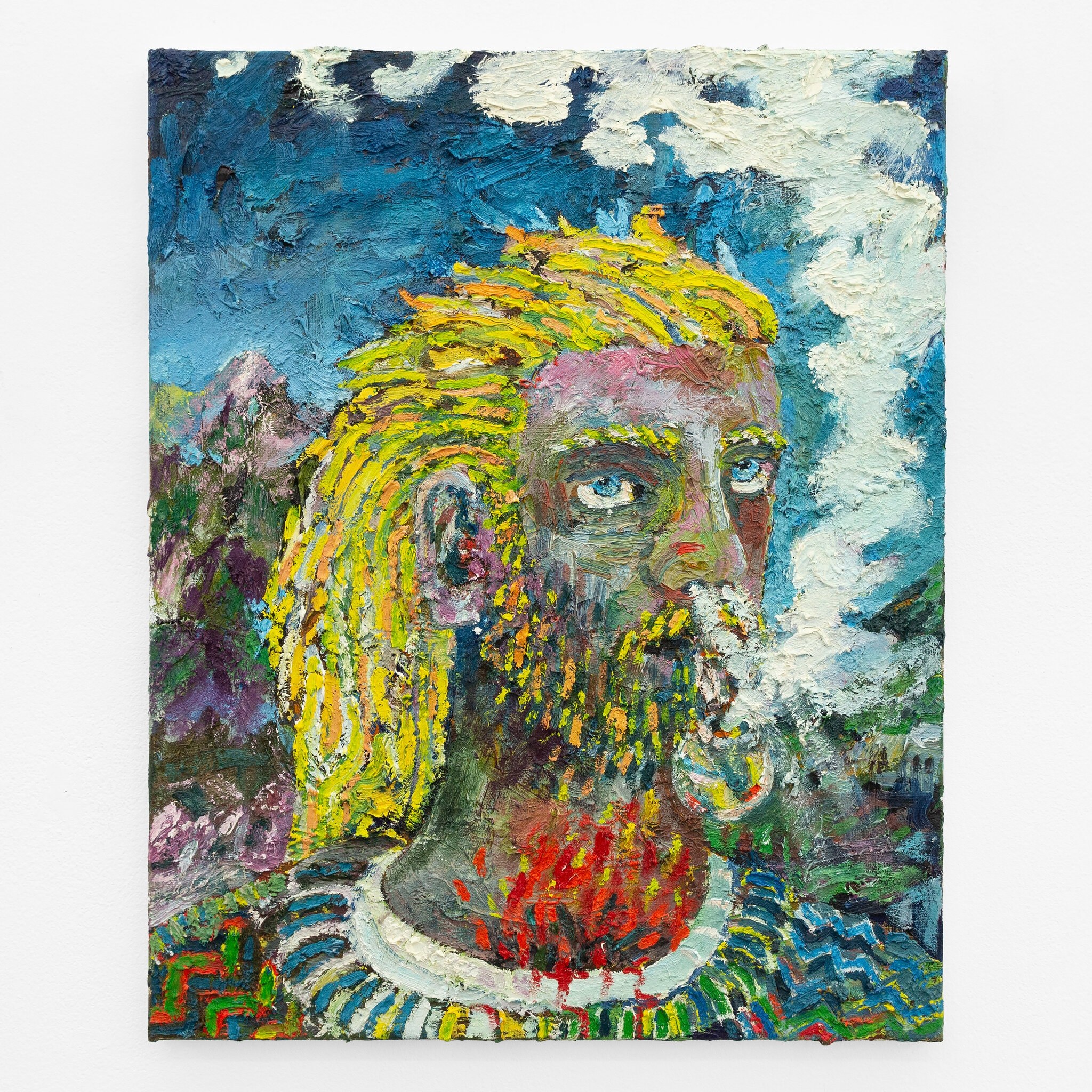 Guy Allott, Boy with pipe (Men with pipes V), 2022 Â· Oil on canvas Â· 50 Ã— 40 Ã— 1,5 cm / 19.7 Ã— 15.7 Ã— 0.6 in Â· Courtesy the artist and Mountains, Berlin Â© Julie Becquart