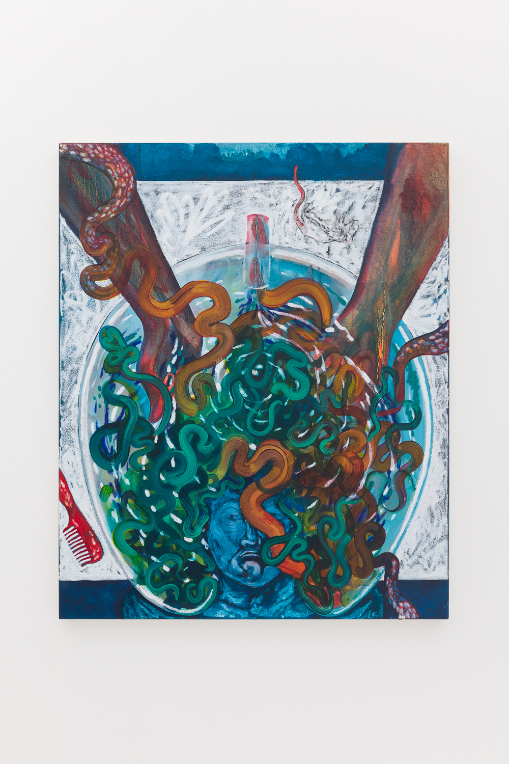 Katie Tomlinson, Ssssssssssself Care, 2024, oil and oil bar on canvas, 110 x 90 cm