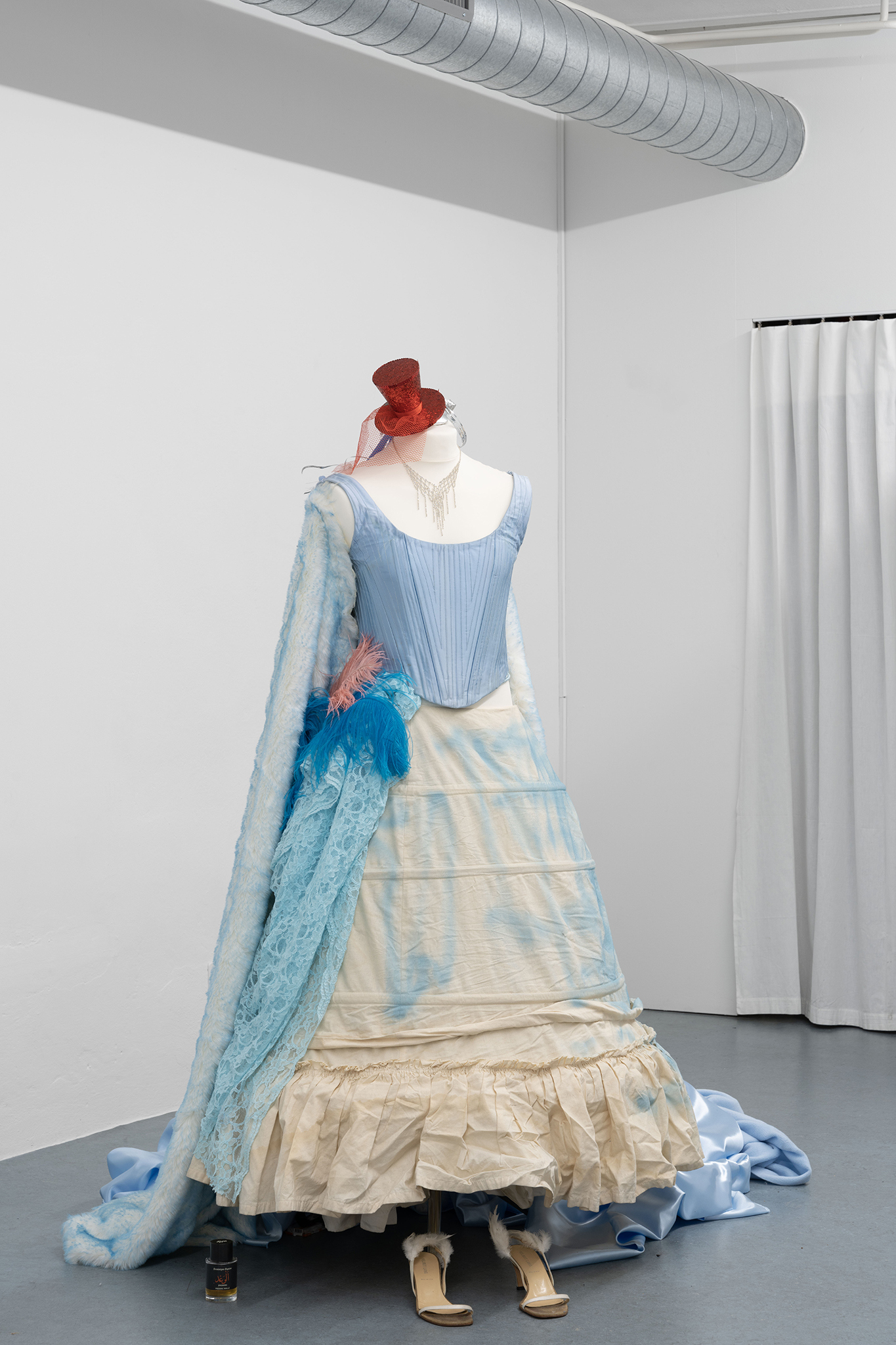 Nils Amadeus Lange, various fabrics draped over male dress form, Frederic Malle (Promise) perfume, vintage Helmut Lang high heels, worn in SKULPTURENGRUPPEN performed at Secession Vienna, 2022, among others