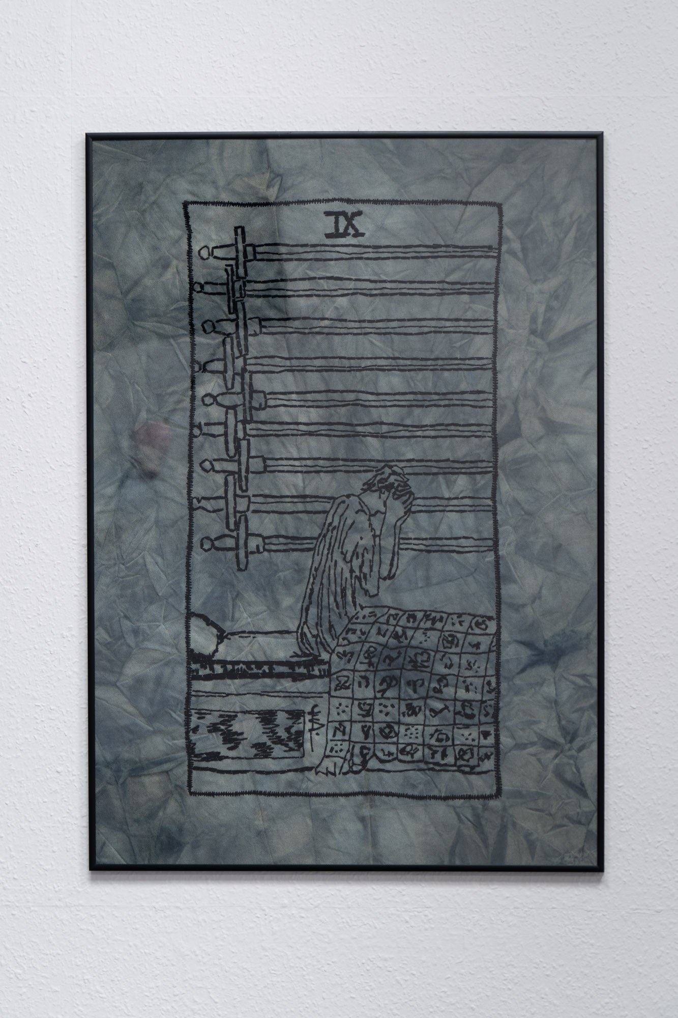THE NINE OF SWORDS / embroidery on hand dyed cotton, aluminum frame / 70 x 100 cm / 2023