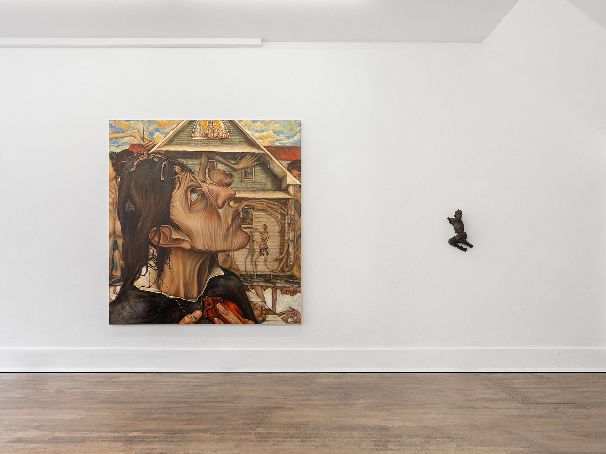 Nour El Saleh, Untitled, 2024 Oil on Canvas 210x190 cm Benjamin Orlow, Ritual City, 2023 Bronze, shoe polish 41x23x13 cm