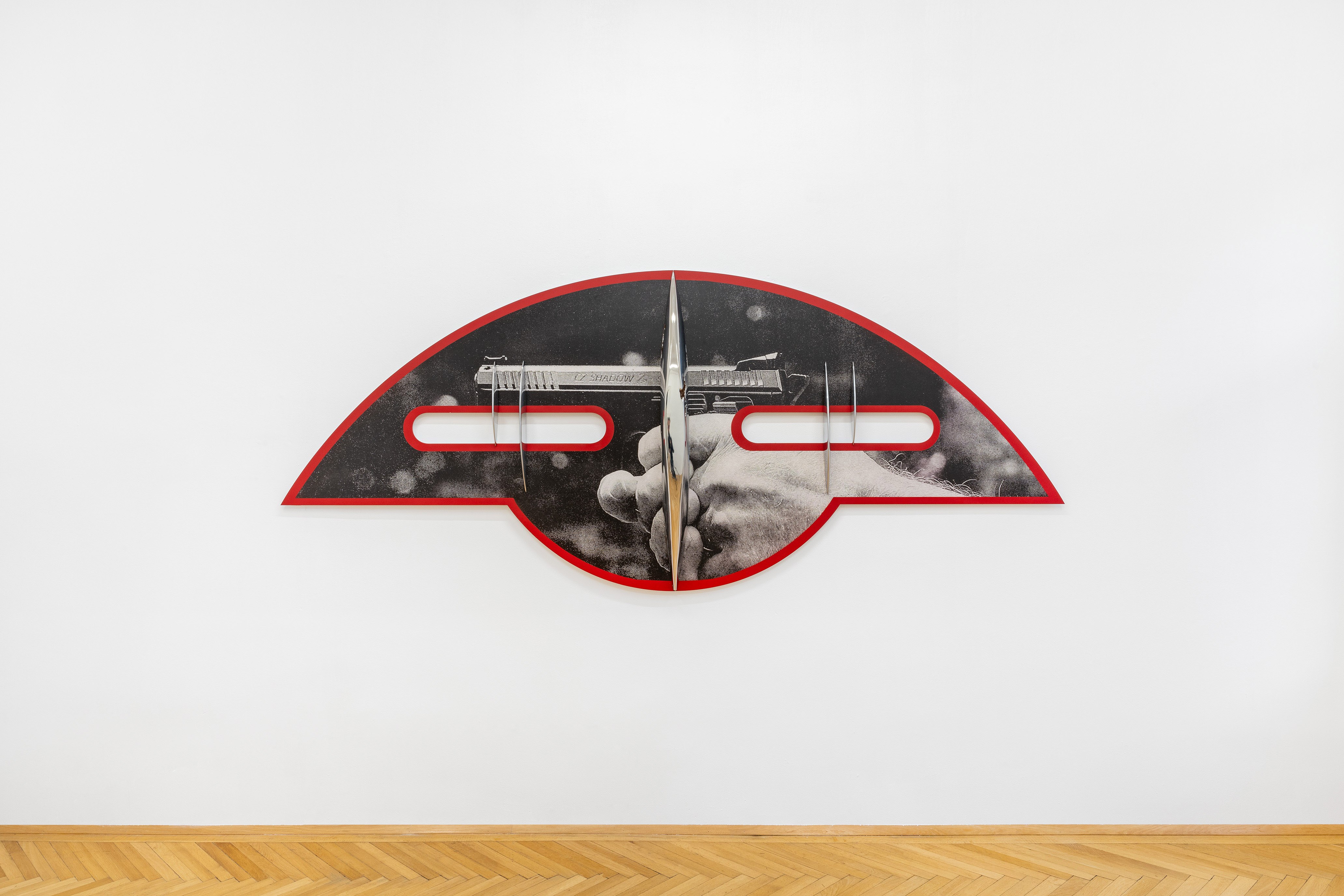 Alex Ito: Old Glory, 2018, Chromed resin, UV inkjet print on CNC cut aluminum, foam, oxidized iron and enamel paint, 125 x 277 x 25 cm