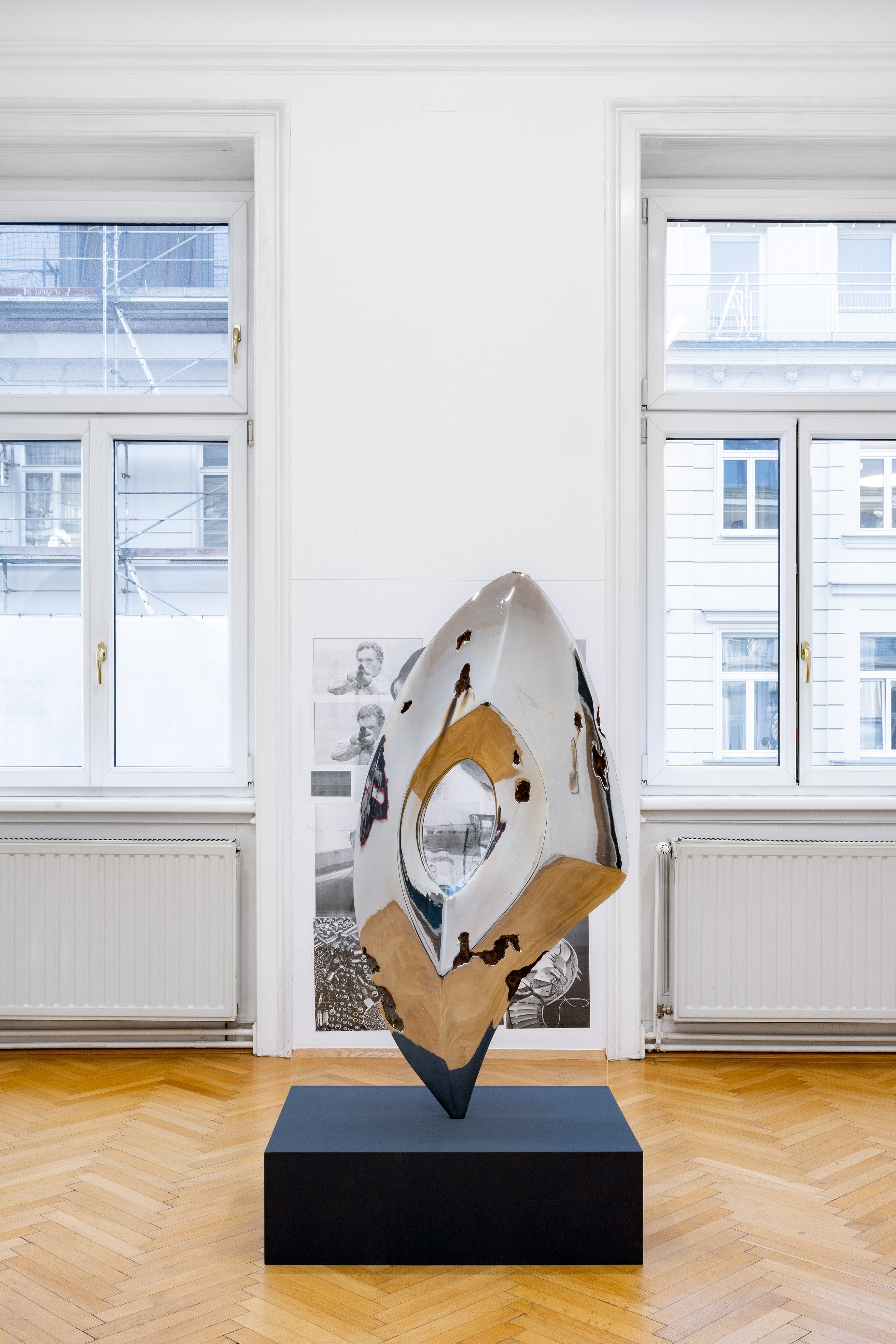 Alex Ito: You Promised Catastrophe (Needle In A Heap of Grease), 2018, Chromed resin, HDU foam, oxidized iron, wood, plexiglass and paint, 137 x 76 x 53 cm