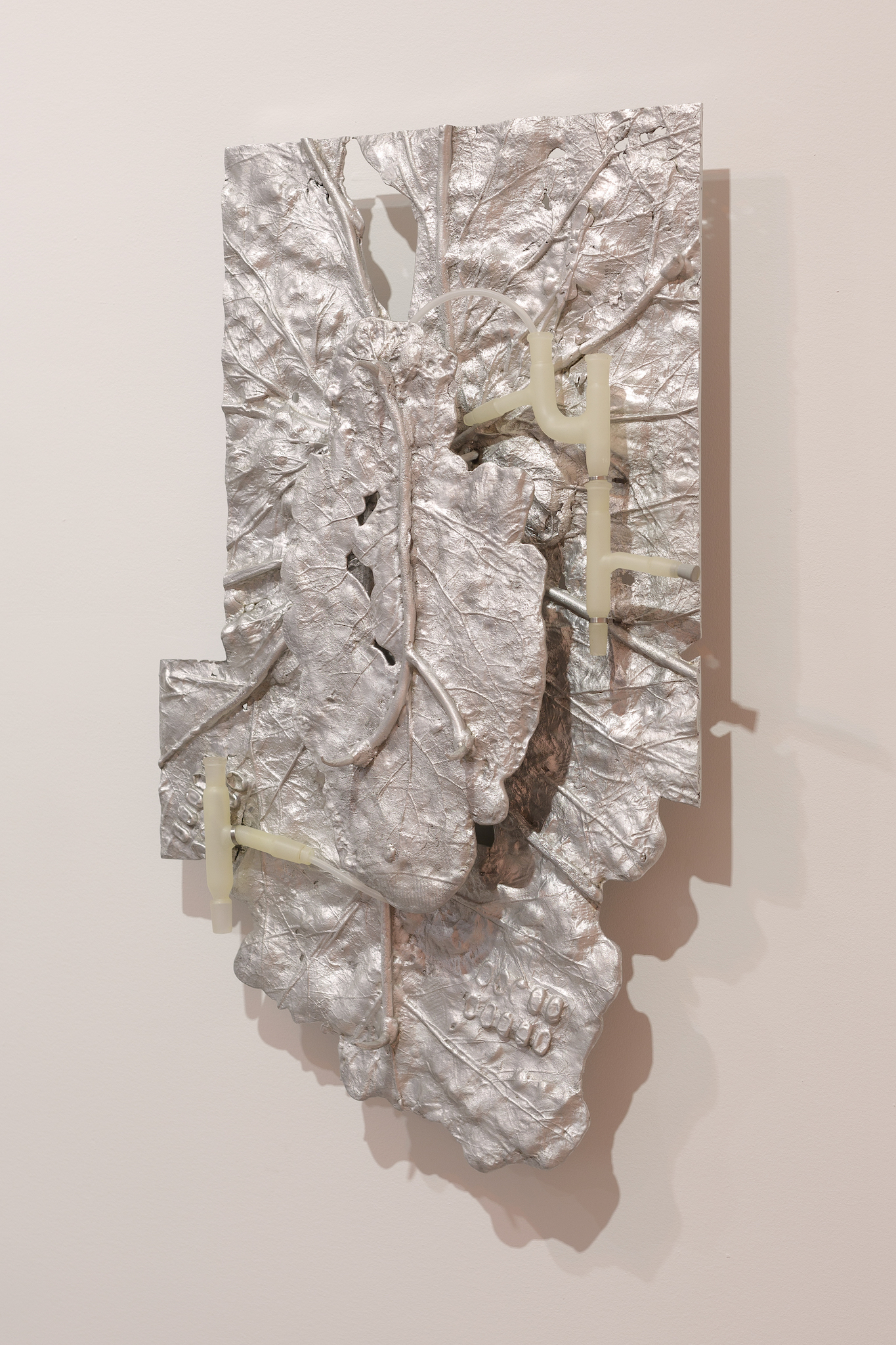 Pakui Hardware, Heat Treated, 2024. Casted aluminium, laboratory glass, bees wax, stainless steel, silicone rubber, 85x50x11 cm