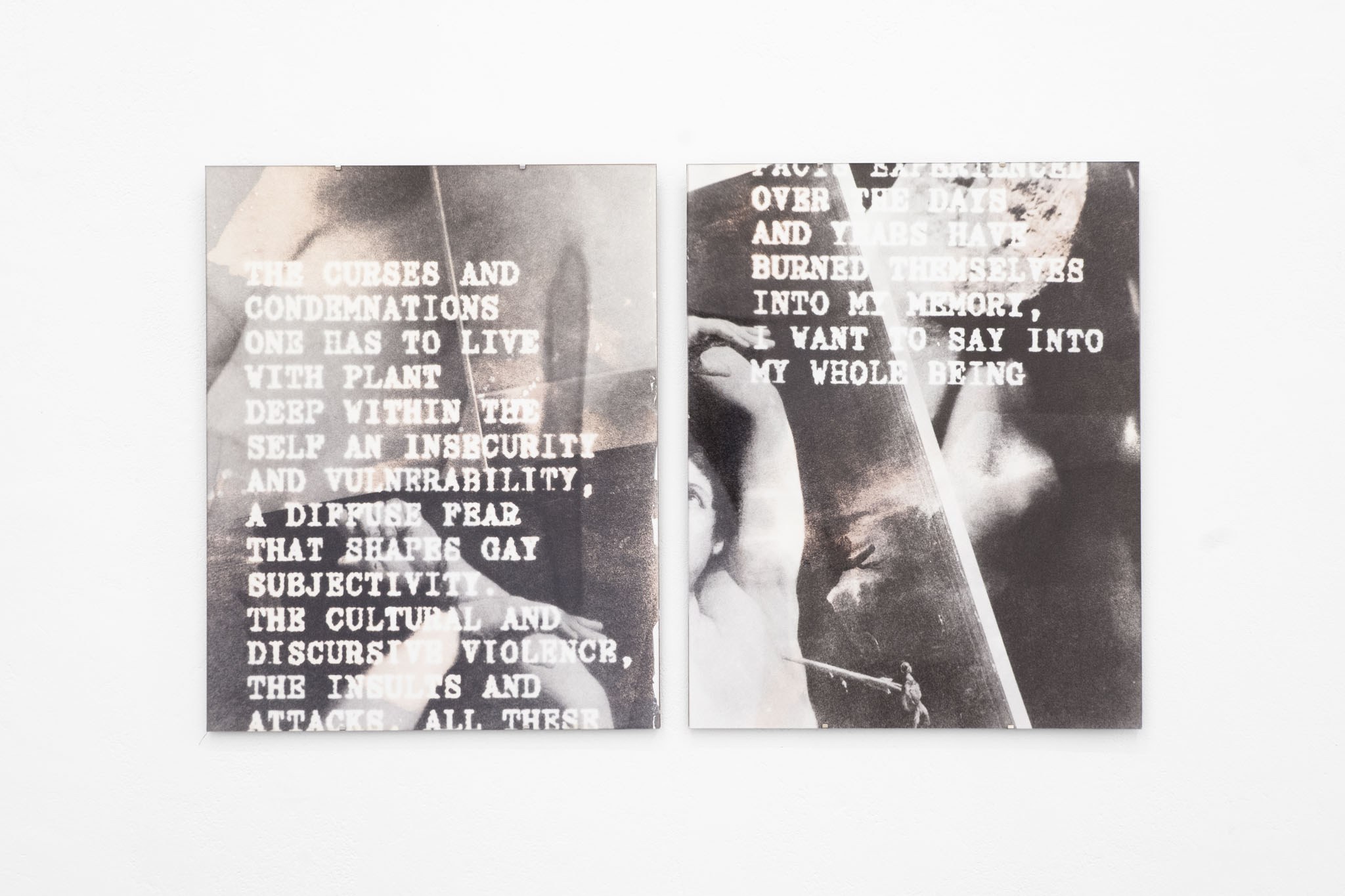 Maik Gräf: My Whole Being - 2024, bleached silver gelatine prints on baryta paper, clip frame, text fragment by Didier Eribon40×50 cm, unique pieces