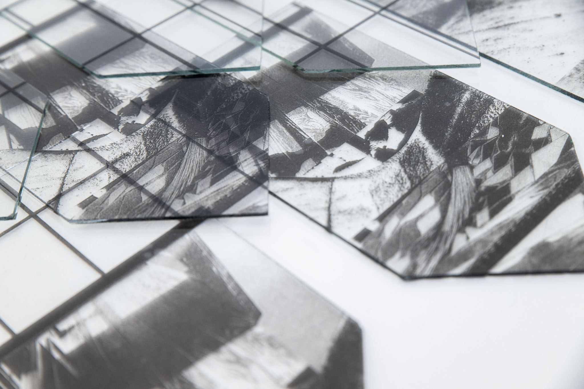 Almut Hilf: Untitled (Detail) - 2024, laser print on foil, glass, 50×40 cm, unique pieces