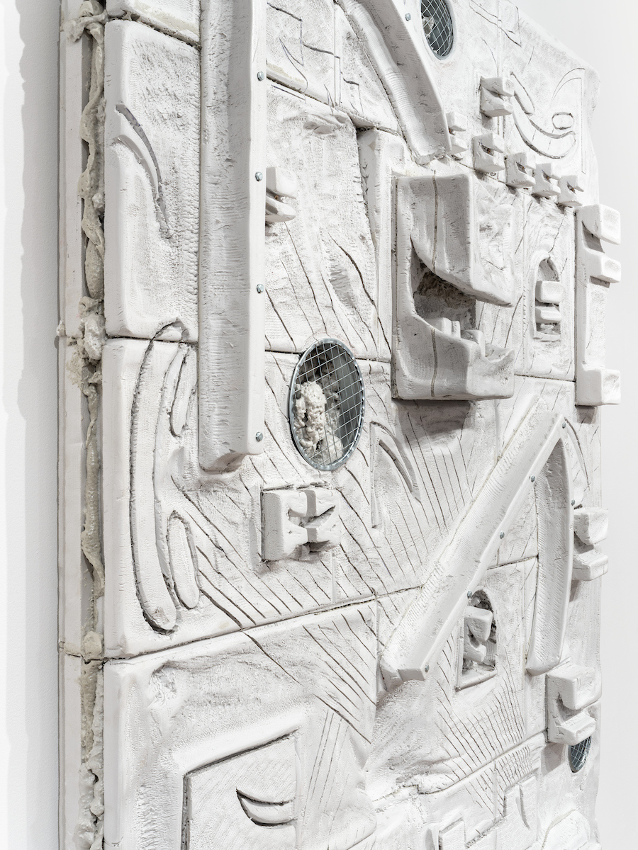 Cezary Poniatowski, Guardians of Sleep, 2024, Extruded polystyrene, metal vents, gunfoam, 175 × 130 × 25 cm (detail). Courtesy of the artist and Crèvecœur, Paris. Photo: Martin Argyroglo