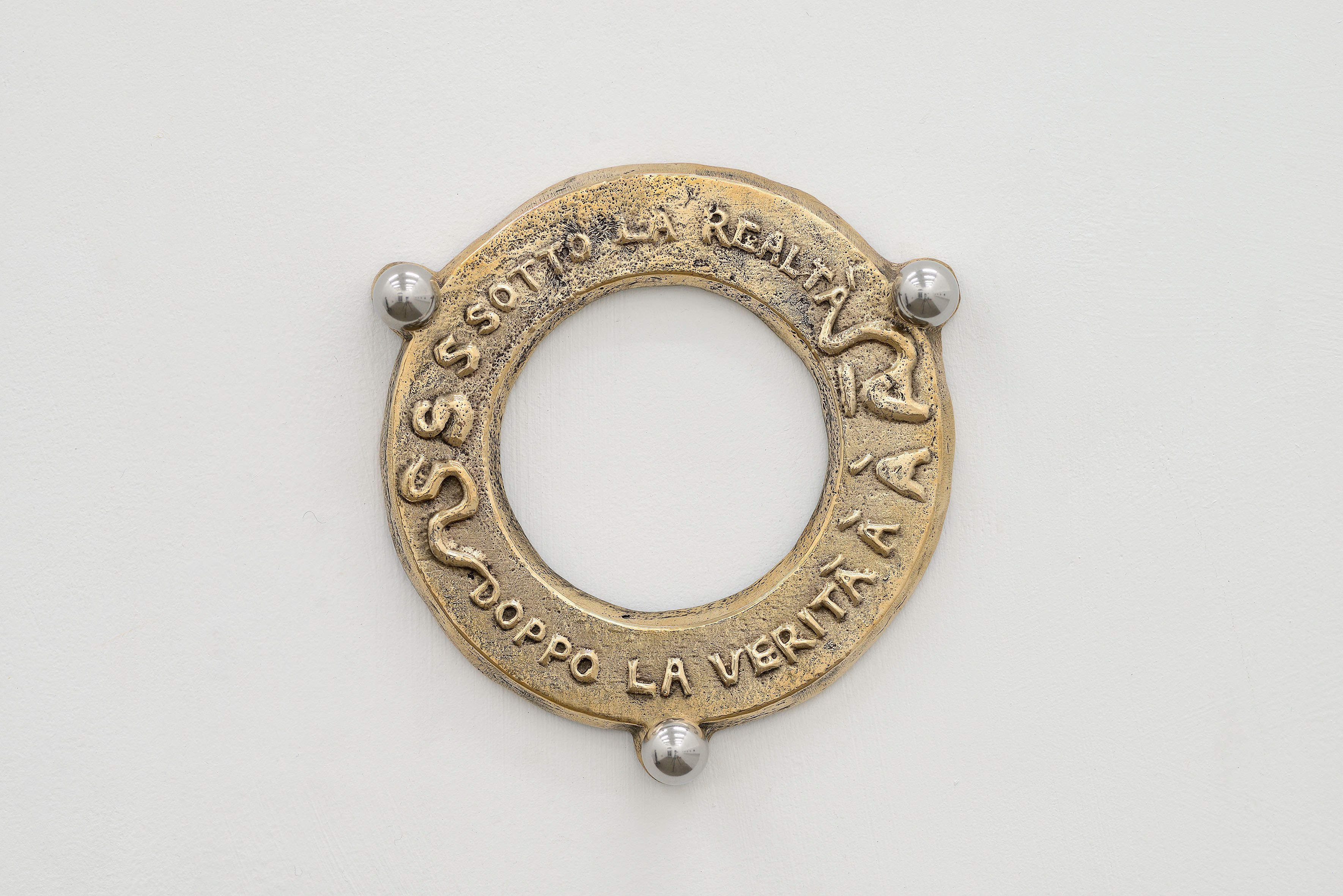 Sguardo (Sotto la realtà), 2024 sand casted bronze, aluminum pins 16 x 16,5 x 3 cm unique