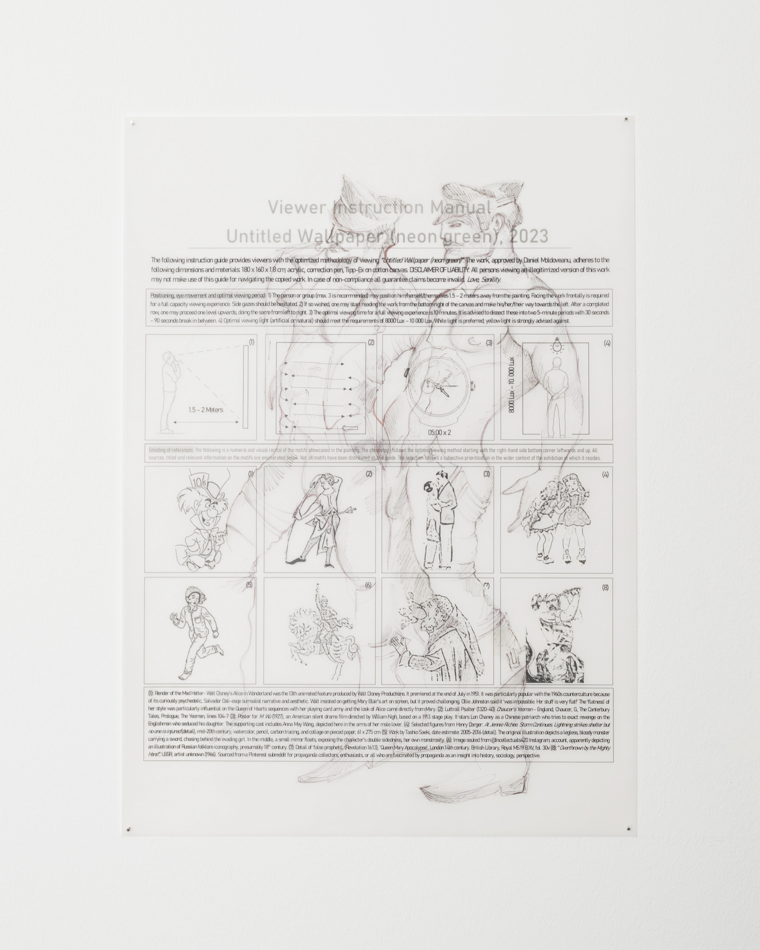 Daniel Moldoveanu, Viewer Instruction Manual (neon green), 2024, Pencil, print on transparent paper, 31,8 x 44,8 cm