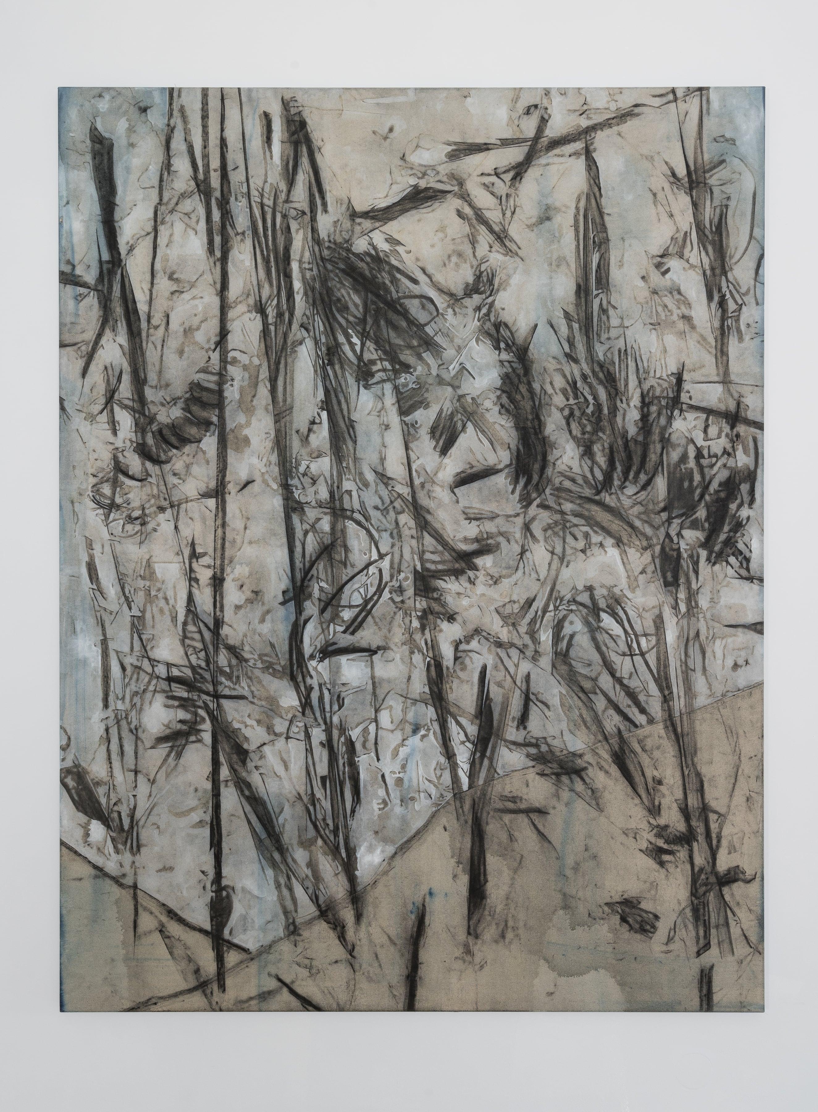 o.T. (shattered), 2024, acryl, ink and coal on canvas, 210 x 160 cm
