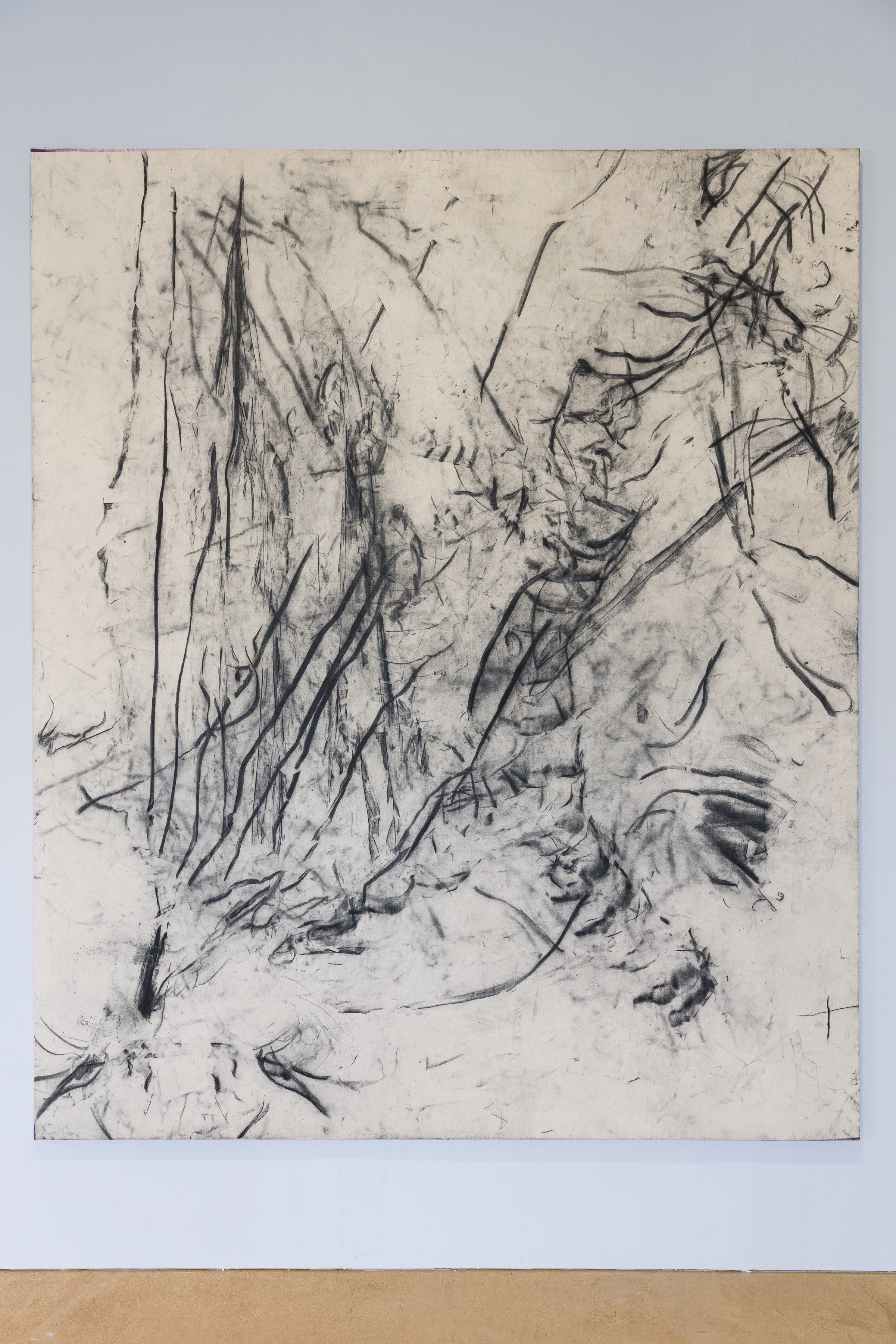 o.T. (throwback), 2023, coal on canvas, 240 x 190 cm