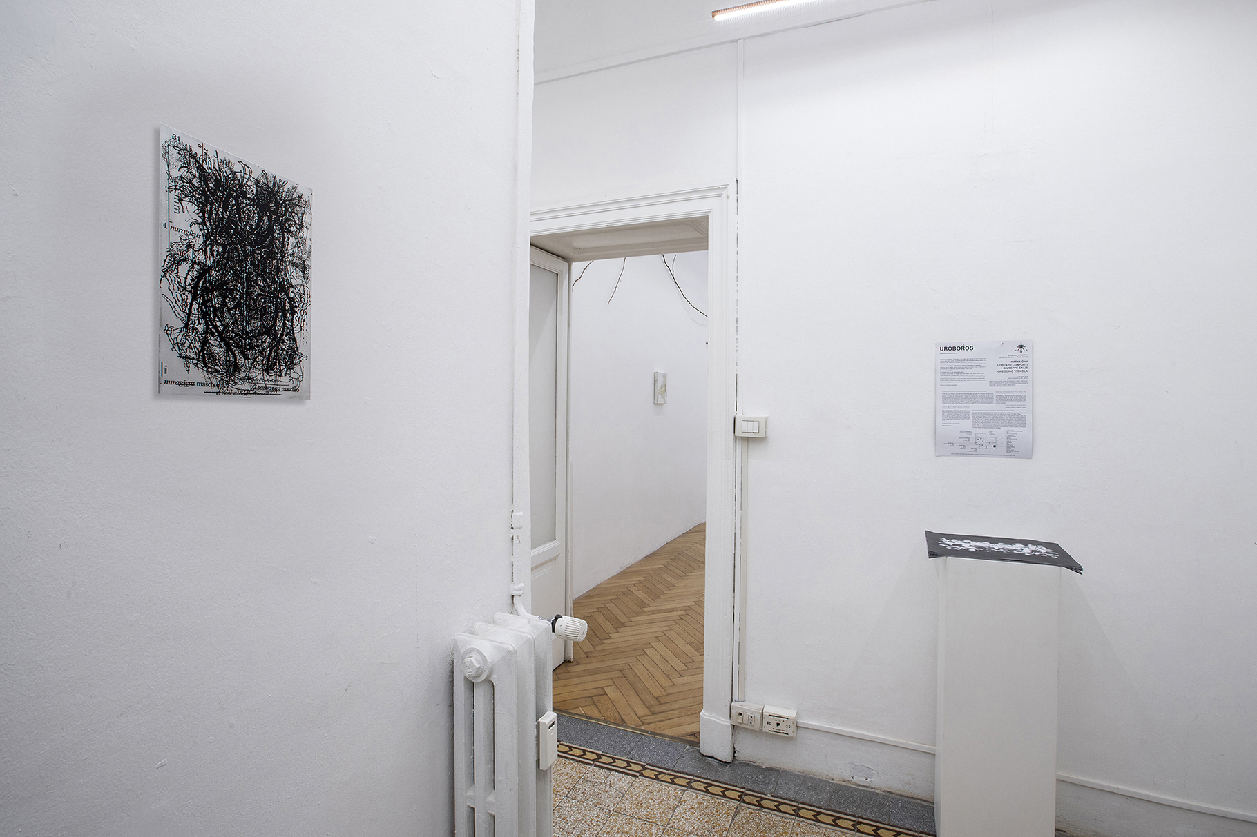 Installation view: Giuseppe Salis, 0140114123952, uv print on aluminium, 20 x 30 cm, 2023 + Lorenzo Conforti, Il nostro bisogno di consolazione, oil and spray paint on canvas, 30 x 24 cm, 2024