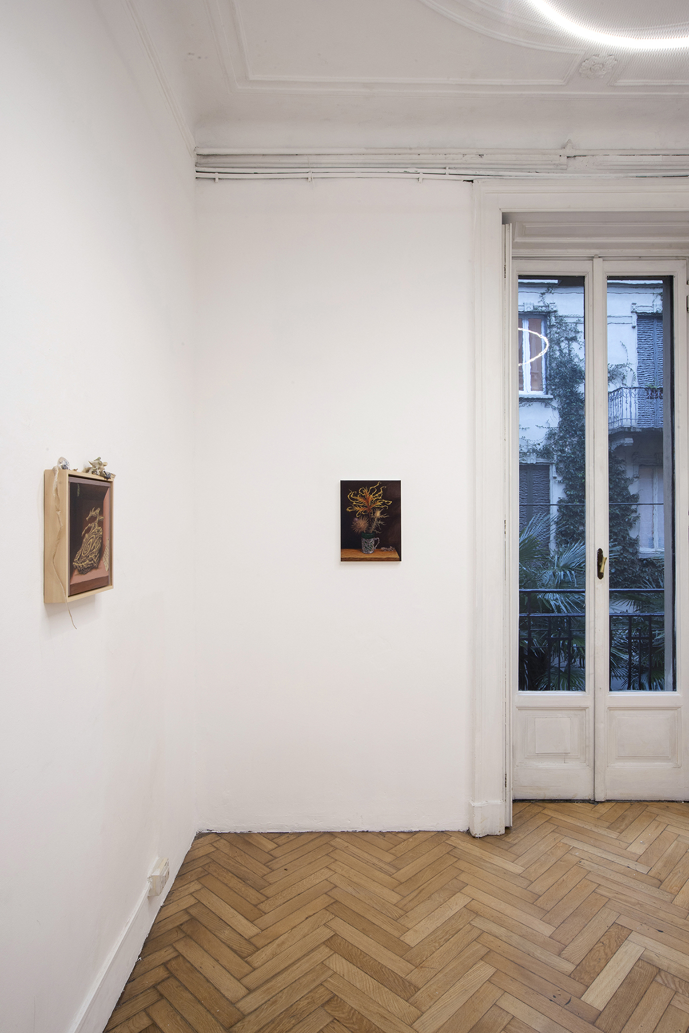 Installation view: Giuseppe Salis, Vanitas con crisalide, acrylic on canvas, 30x30 cm, 2023 (left) + Giuseppe Salis, Natura morta con spine, acrylic on canvas, 40 x 30 cm, 2023 