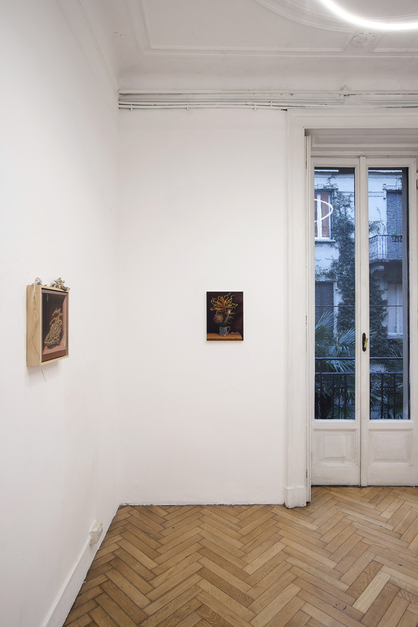 Installation view: Giuseppe Salis, Vanitas con crisalide, acrylic on canvas, 30x30 cm, 2023 (left) + Giuseppe Salis, Natura morta con spine, acrylic on canvas, 40 x 30 cm, 2023
