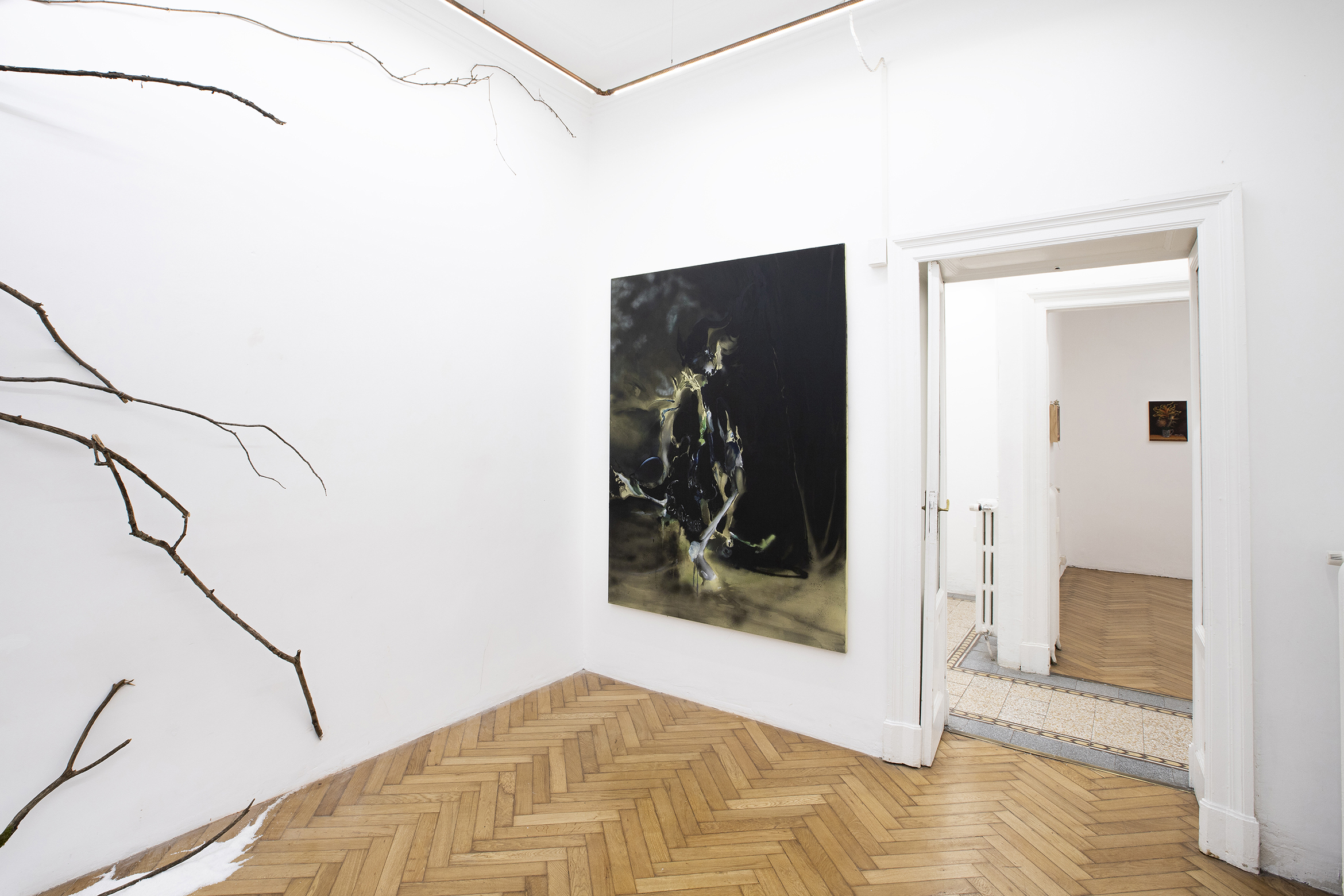 Installation view: Lorenzo Conforti, Il varco dei capricci, oil and spray paint on canvas,190x140 cm, 2023 + Giuseppe Salis, Natura morta con spine, acrylic on canvas, 40 x 30 cm, 2023