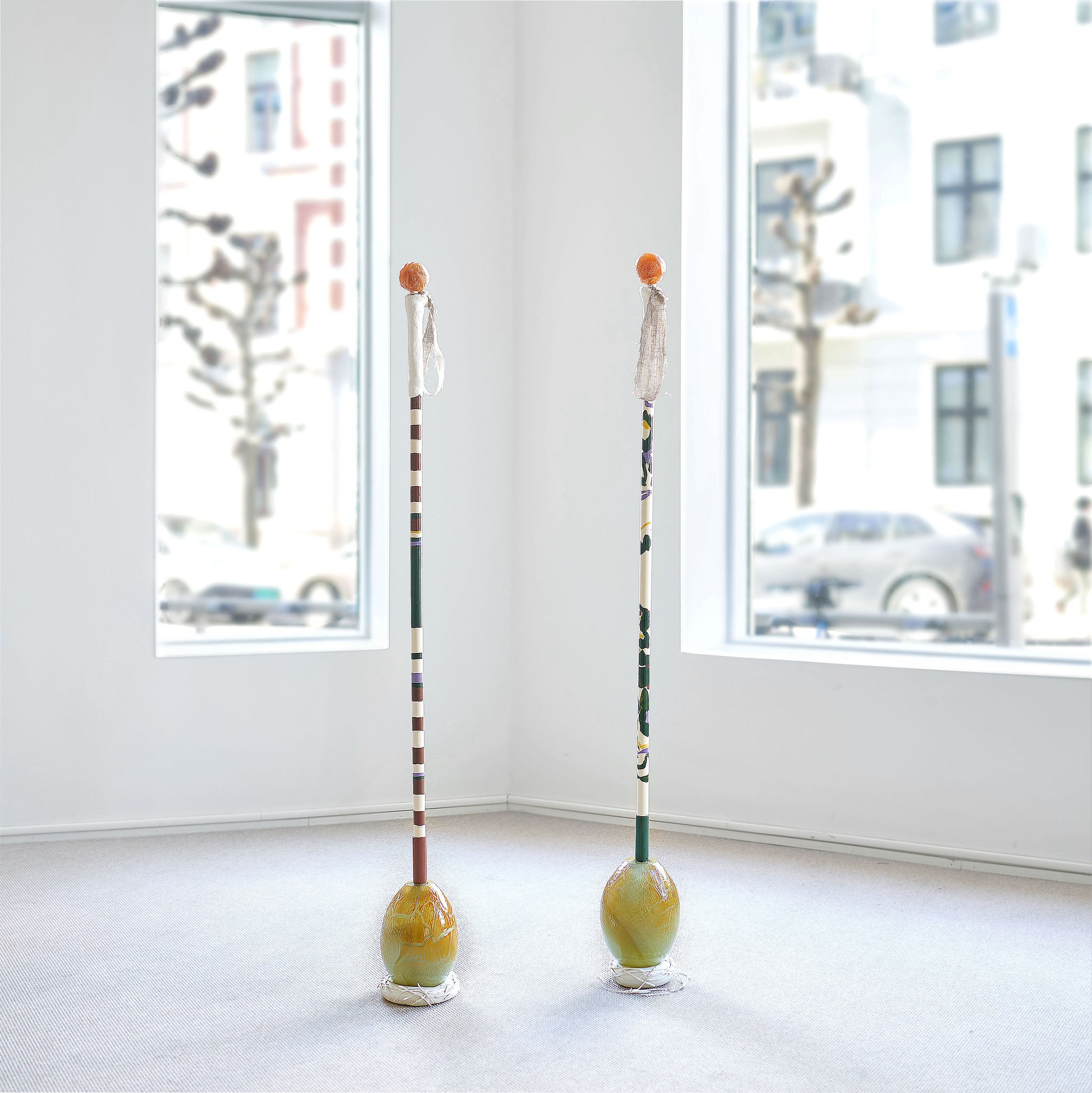 Itâs a miracle I & II (2024) Glass, wood, hard plastic, linen canvas, beeswax 130 x 15 x 15 cm