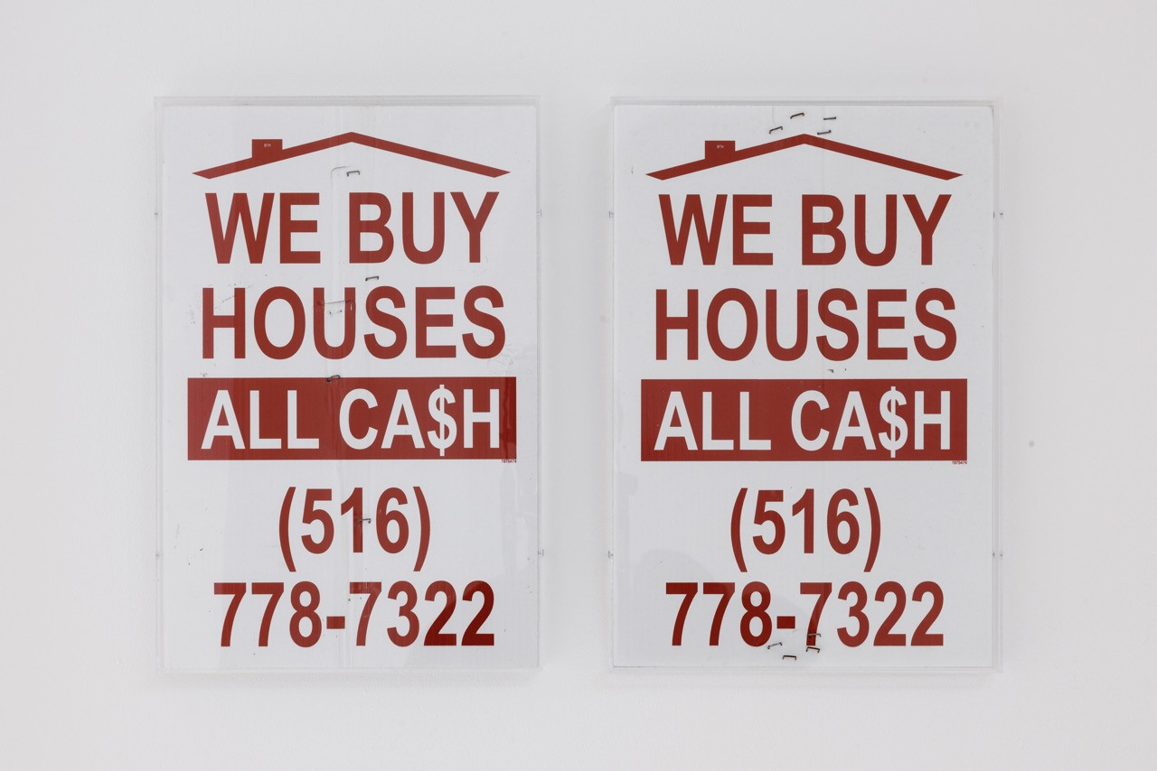Gina Folly, We buy houses all cash I & II, 2024, print on plastic, found advertising signs, 20 x 32 cm. 