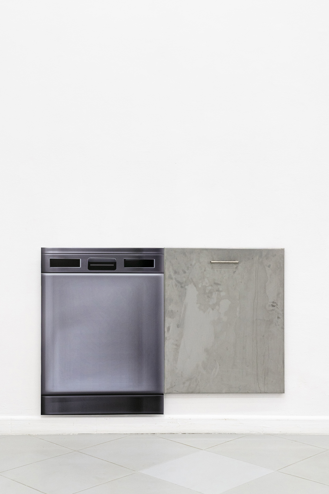 Jan Domicz, Diptych (home staging), 2024, print on pvc, stainless steel, wood, dimensions variable