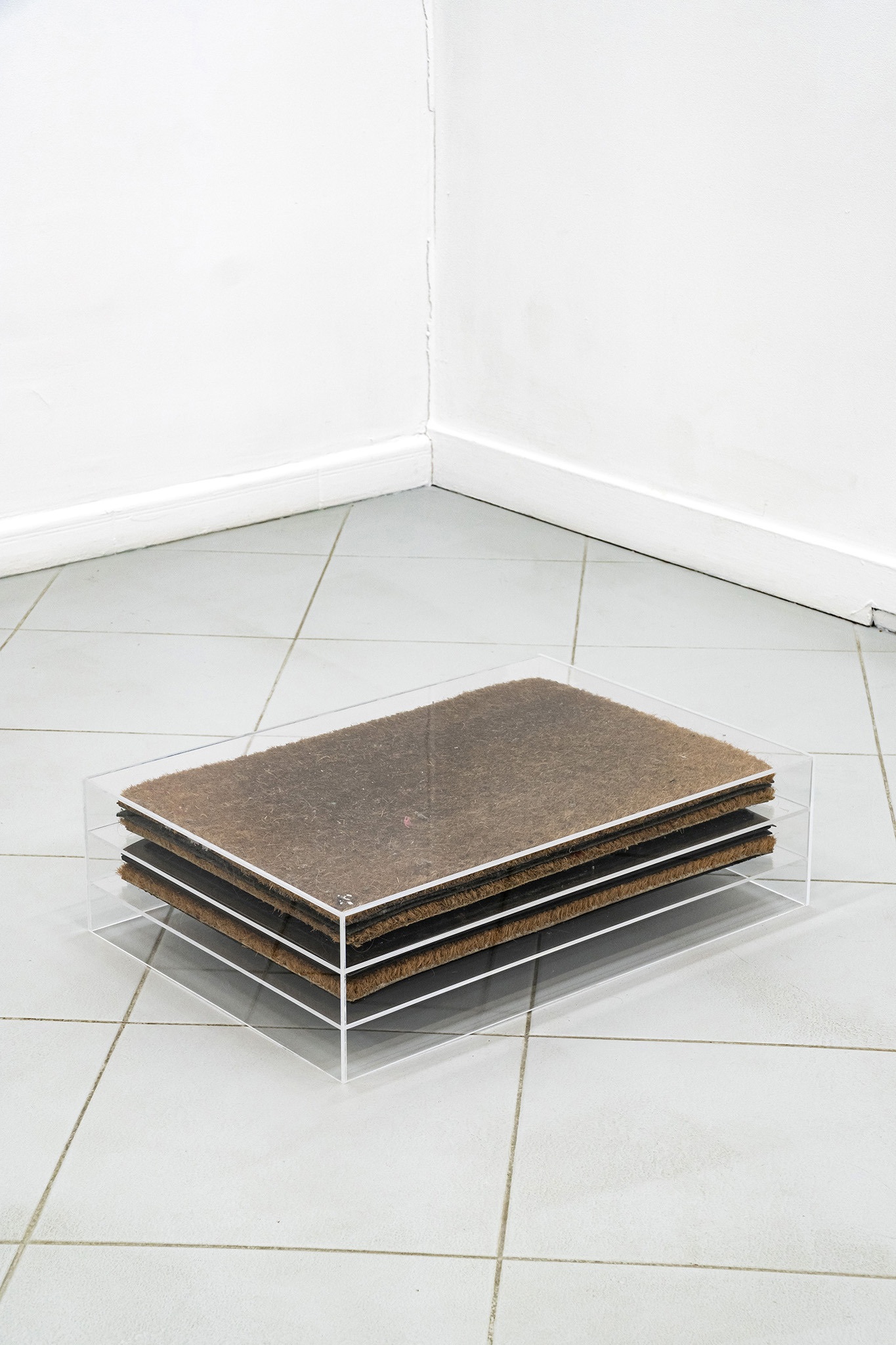 Jan Domicz, Neighbors’ doormats collected via exchange, 2024, plexiglass, doormats, 70 x 18 x 50 cm