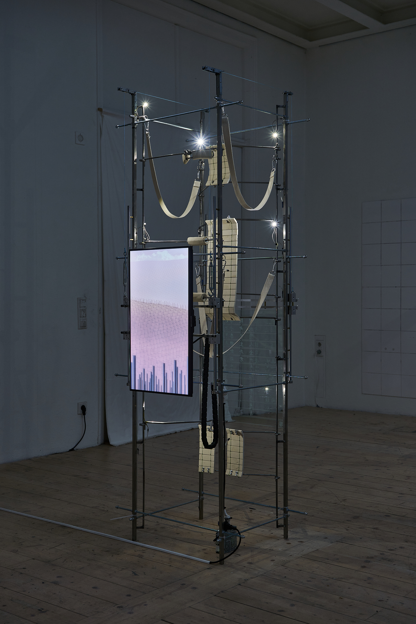 <For the soul without body, 2024> 79 x 60 x 203(h)cm, Stainless steel, Ceramic, Alu, steel, LED, 26”display, Glass, polyester, cotton