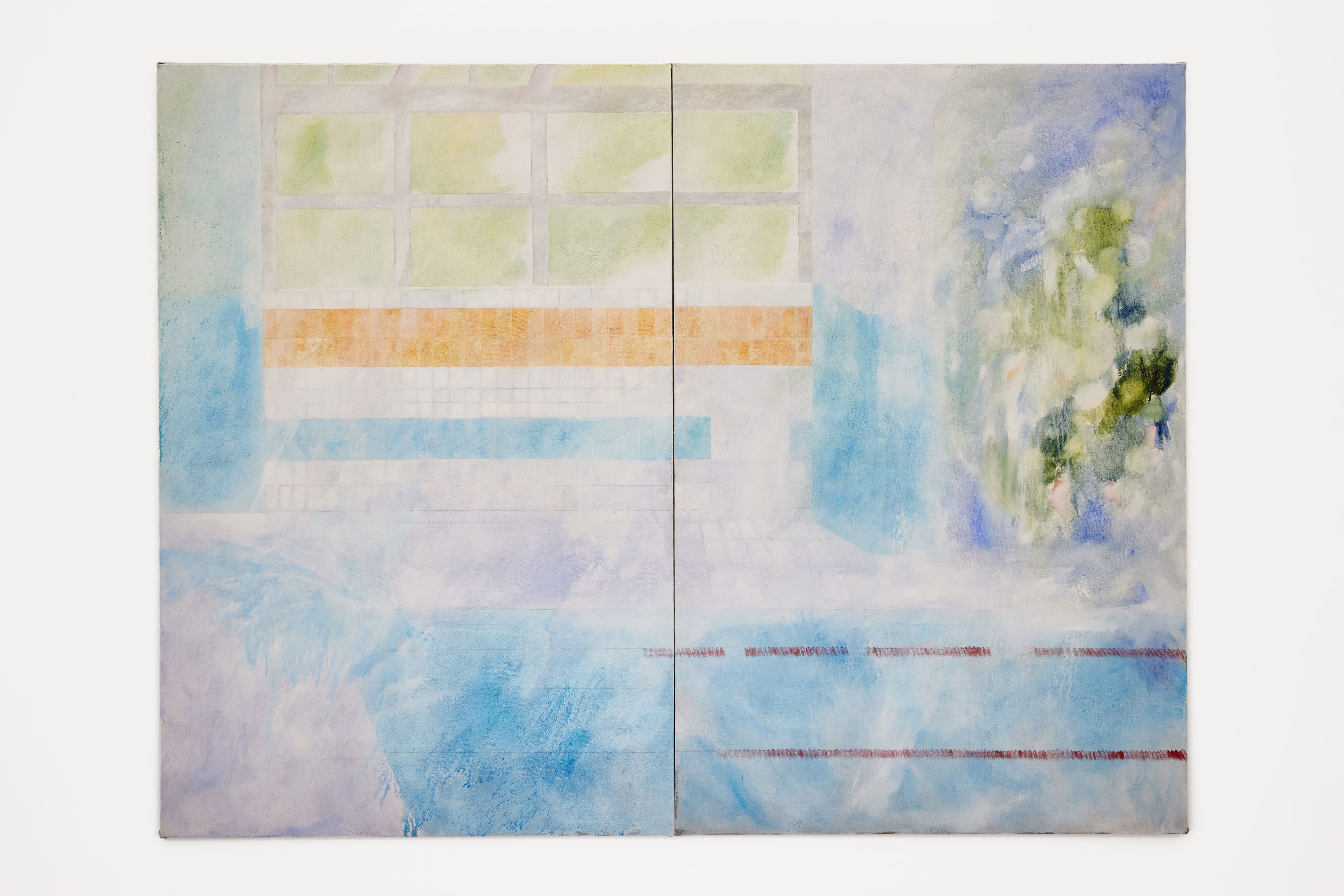 Nino Kapanadze, I can connect nothing with nothing (Piscine municipale), 2024, Oil on linen, 2 panels — 195 × 130 cm (each). Courtesy of the artist and Crèvecœur, Paris. Photo: Alex Kostromin.