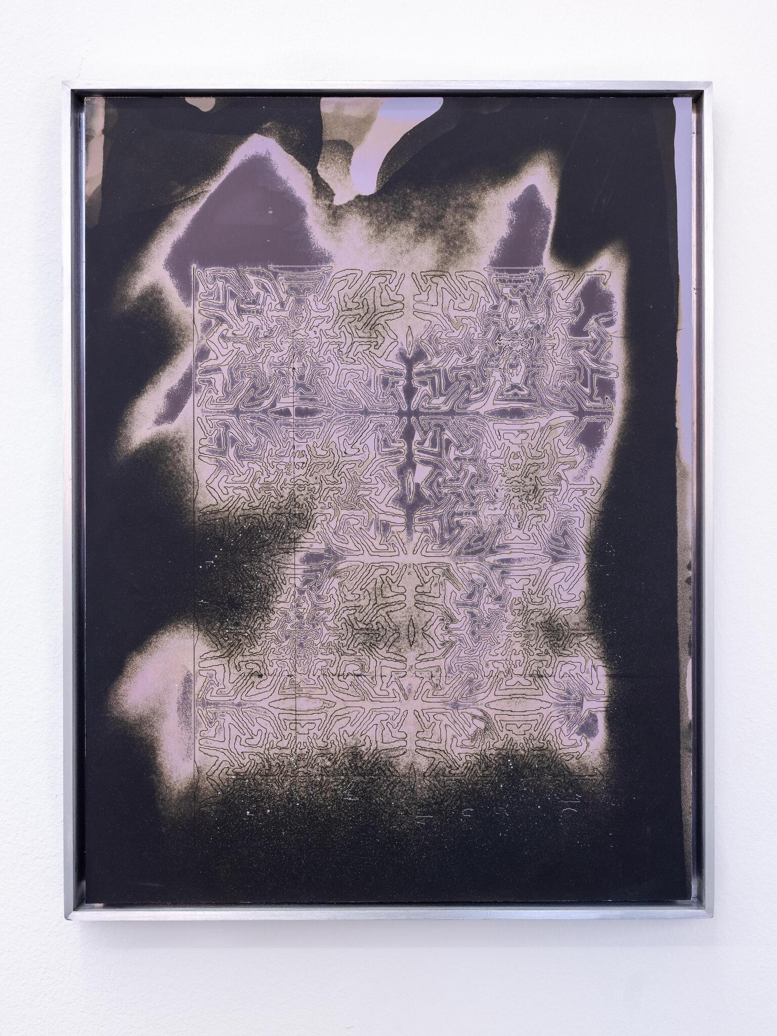 Antonia Kuo, Incised Screen I, 2023 · Incised chemical painting on light-sensitive silver gelatin paper mounted on aluminum in aluminum frame · 41,9 × 32,4 cm · Unique