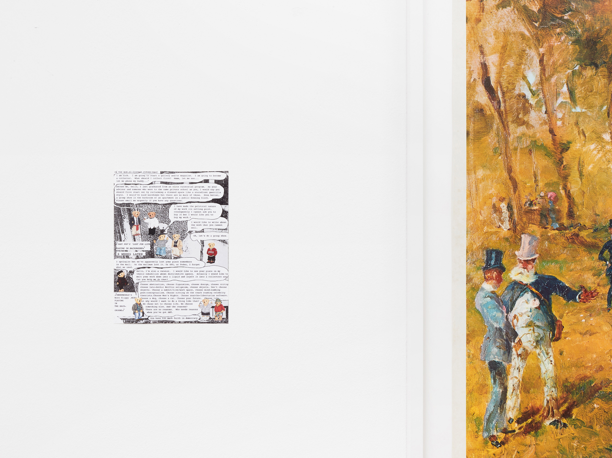 Left: Melissa Sachs und Cameron Soren (Body by Body), reproduction of the invitation card for Freelance Hellraiser, 2014, Interstate Projects, New York, Right: Henri de Toulouse-Lautrec, reproduction Souvenir d'Auteuil (1881), 1967