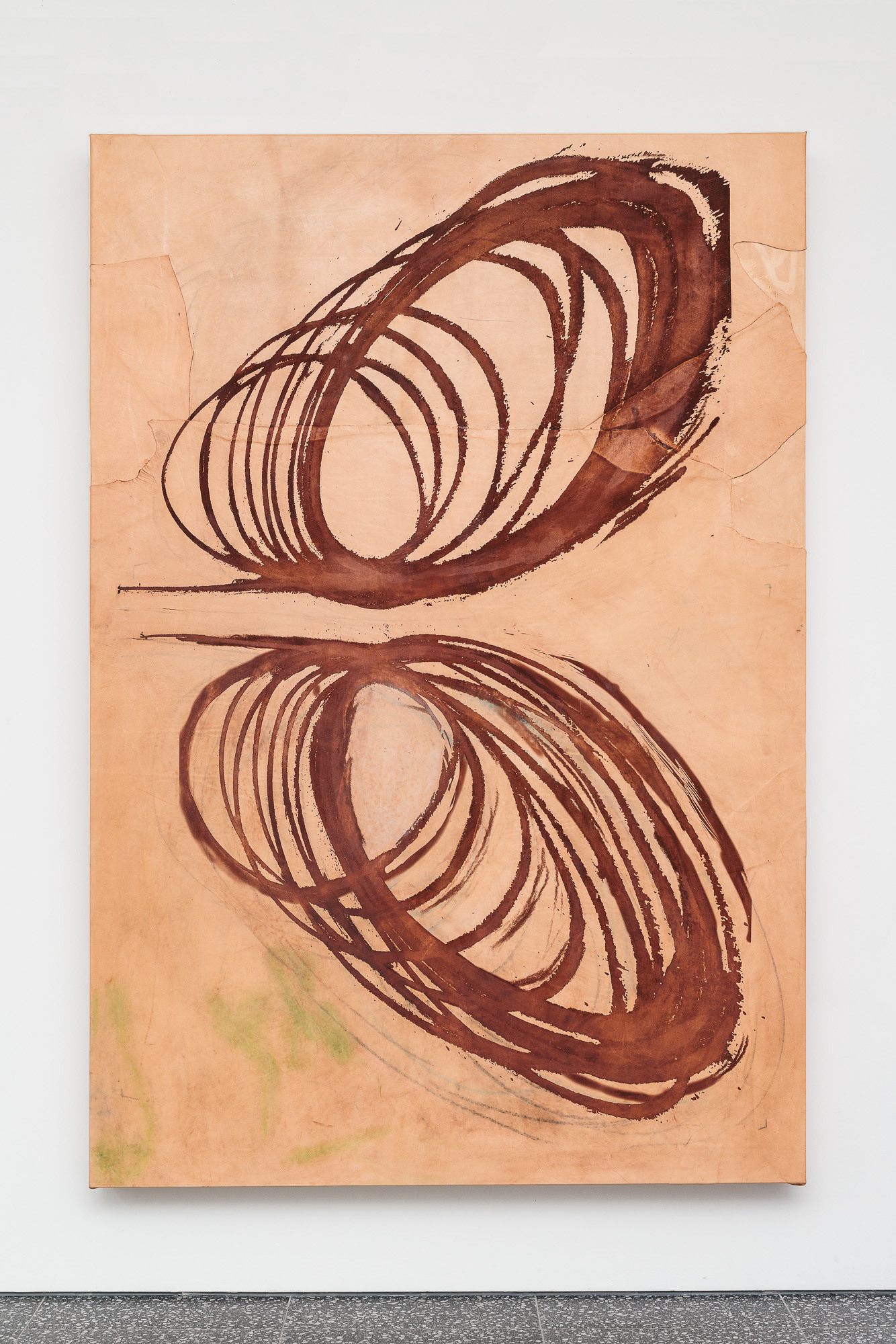 Lena Henke, Combustions 18 [Two Wheeler], 2024, Laser etched leather, pigment on wooden panel, 250 × 170 × 15 cm