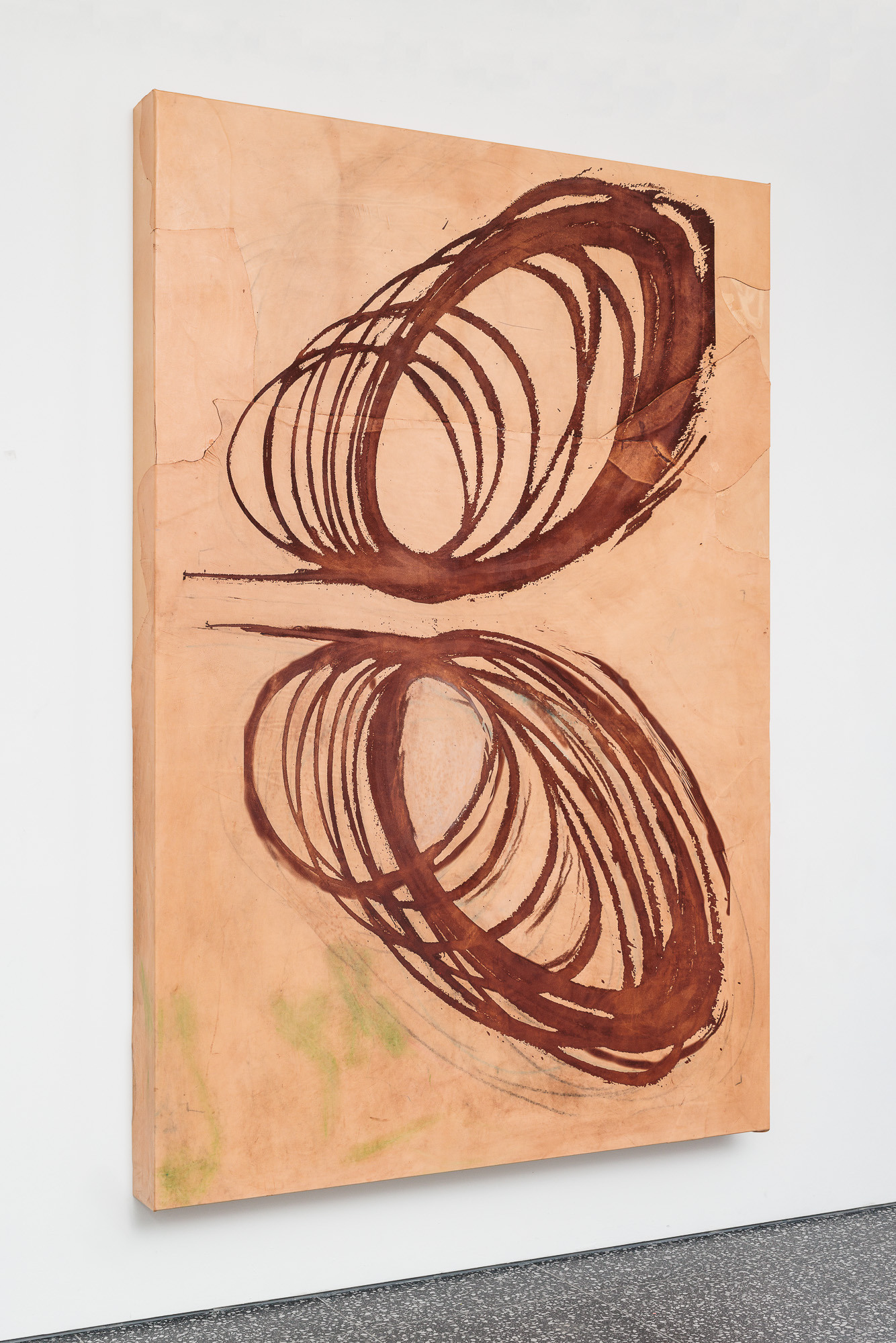 Lena Henke, Combustions 18 [Two Wheeler], 2024, Laser etched leather, pigment on wooden panel, 250 × 170 × 15 cm