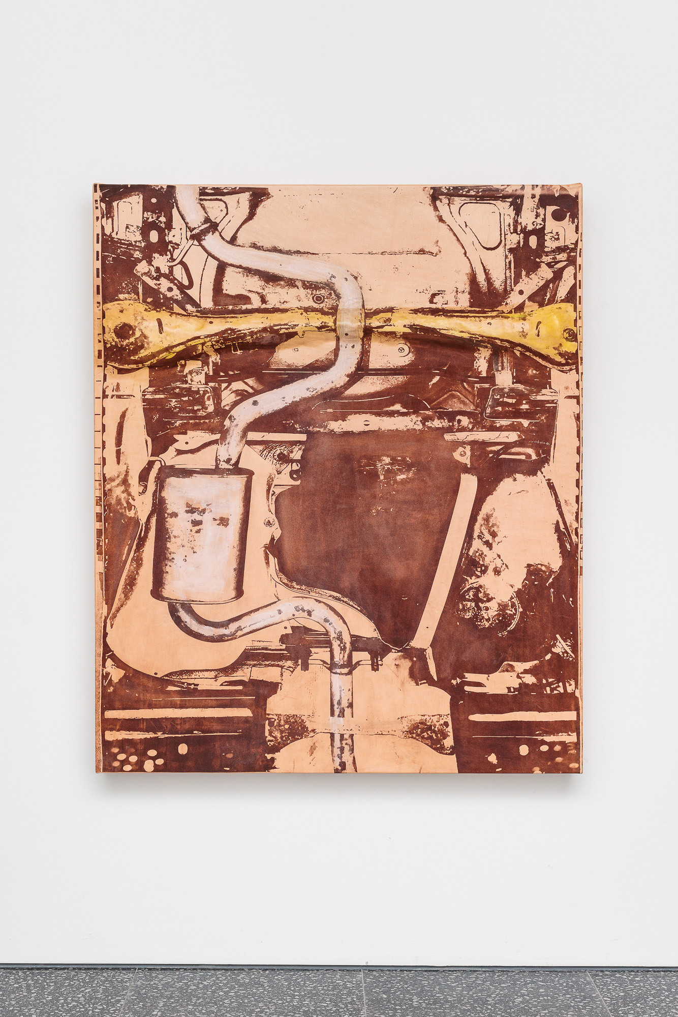 Lena Henke, Combustions 19 [The belly of my car], 2024, Laser etched leather, pigment on wooden panel, 150 × 125 × 15 cm