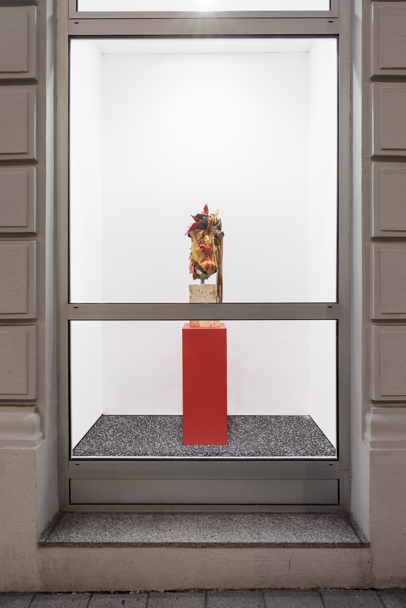 Lena Henke, Memory of a Young Sculpture XO, 2024, Soldered and boiled leather, pigment and steel mounted on Austrian granite, on wooden pedestal, 30 × 30 × 167 cm 