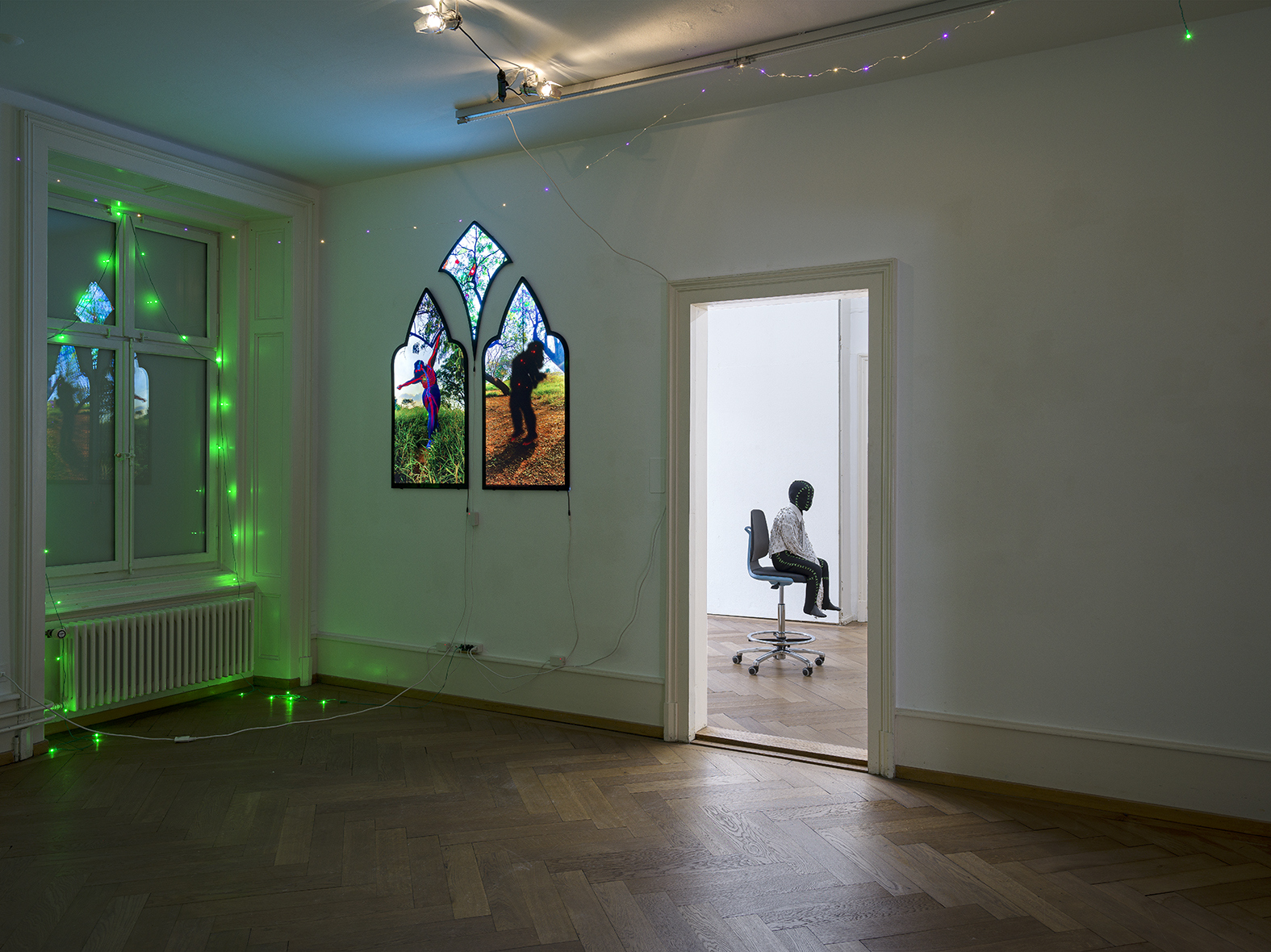 Giulia Essyad, Chapel, 2023 / James Bantone, Child's Play 03, 2022, Exhibition View “Of Bodies in Digital Life”, Kunsthaus Langenthal, 2024. Photo: Cedric Mussano, Courtesy of the artist / Karma International, Zurich.