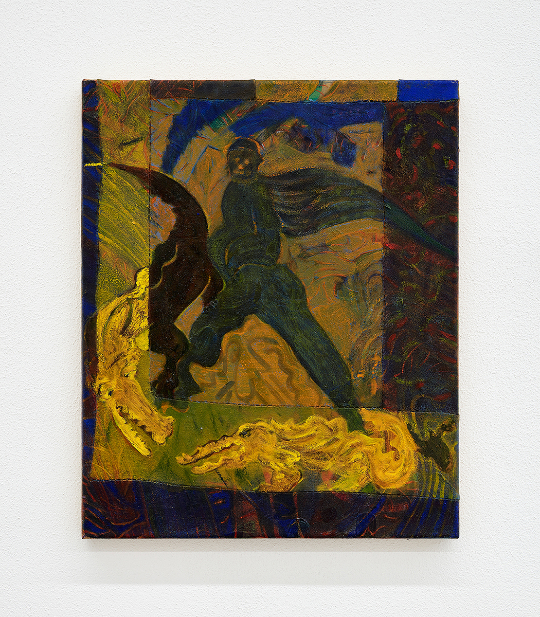 Anna Schachinger, "Saving Whom, From What", 2023 (Oil on sewn together fabric, 46,5 x 38,5 cm).