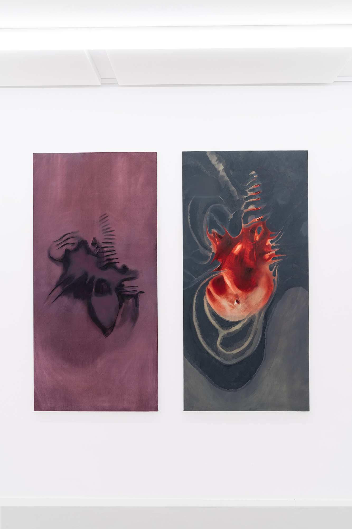 Attaining the lull 2024 oil on linen 145 x 70 cm; Delirious tear 2024 oil on linen 145 x 70 cm