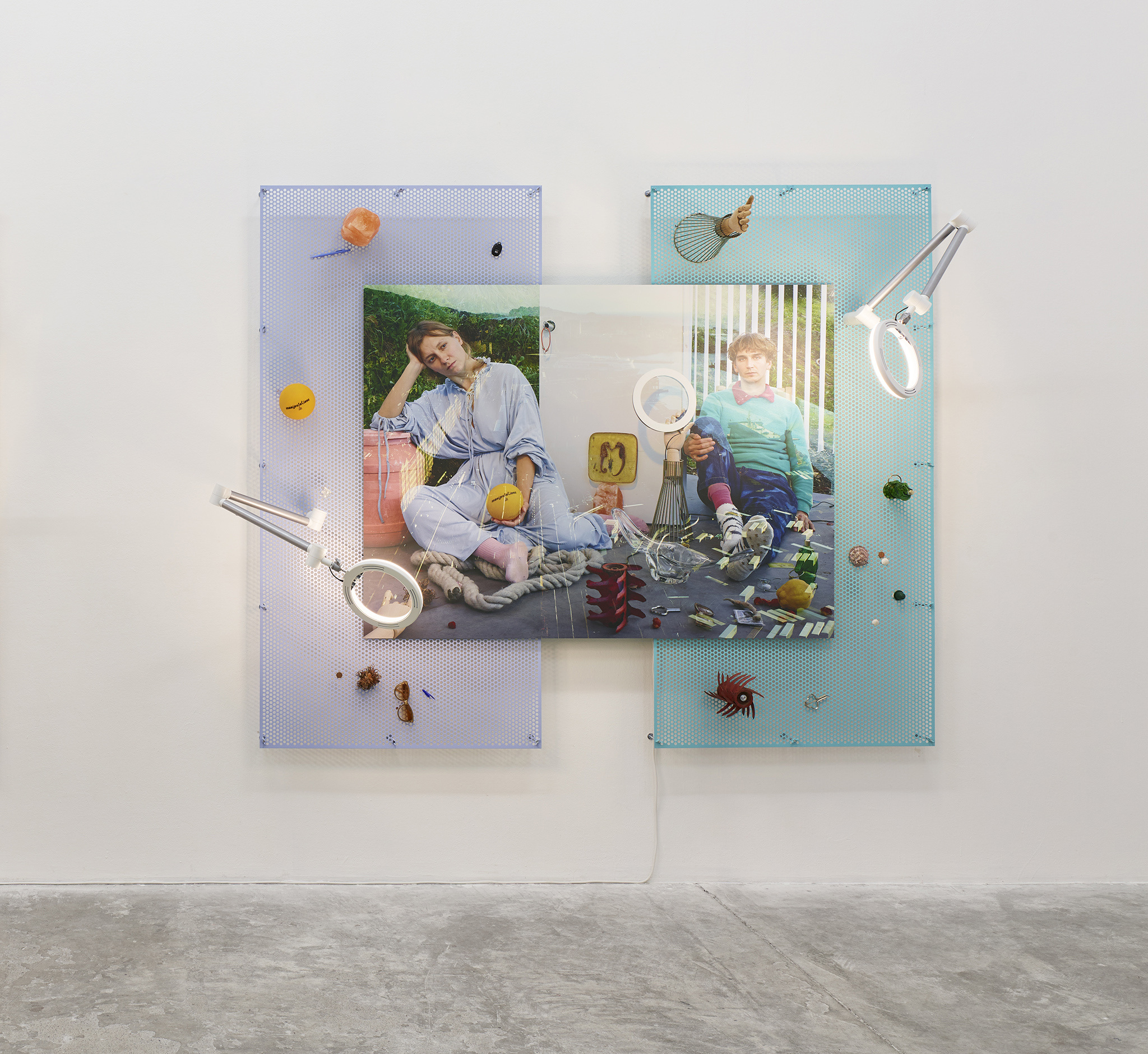 Emmanuelle Lainé, We’re the Cream in Your Cake, 2023-2024, prints on aluminium, perforated metal sheets, lamps, various objects, 200 × 240 × 80 cm, CIRCUIT Centre d’art contemporain, Lausanne, 2024