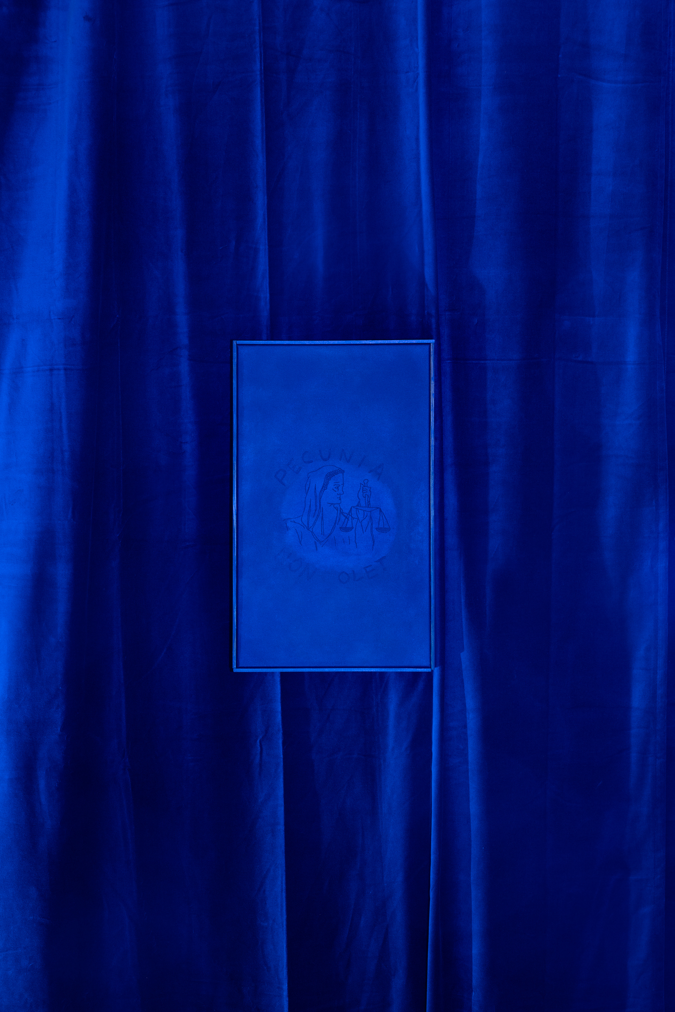 Sylvain Gelewski, The Court Jester 18 (Pecunia Non Olet), oil, pencil, marker, Indian ink on canvas, walnut stain on wooden frame, 50.5 x 30.5 x 2.5 cm, Sihl Delta, Zurich, 2024
