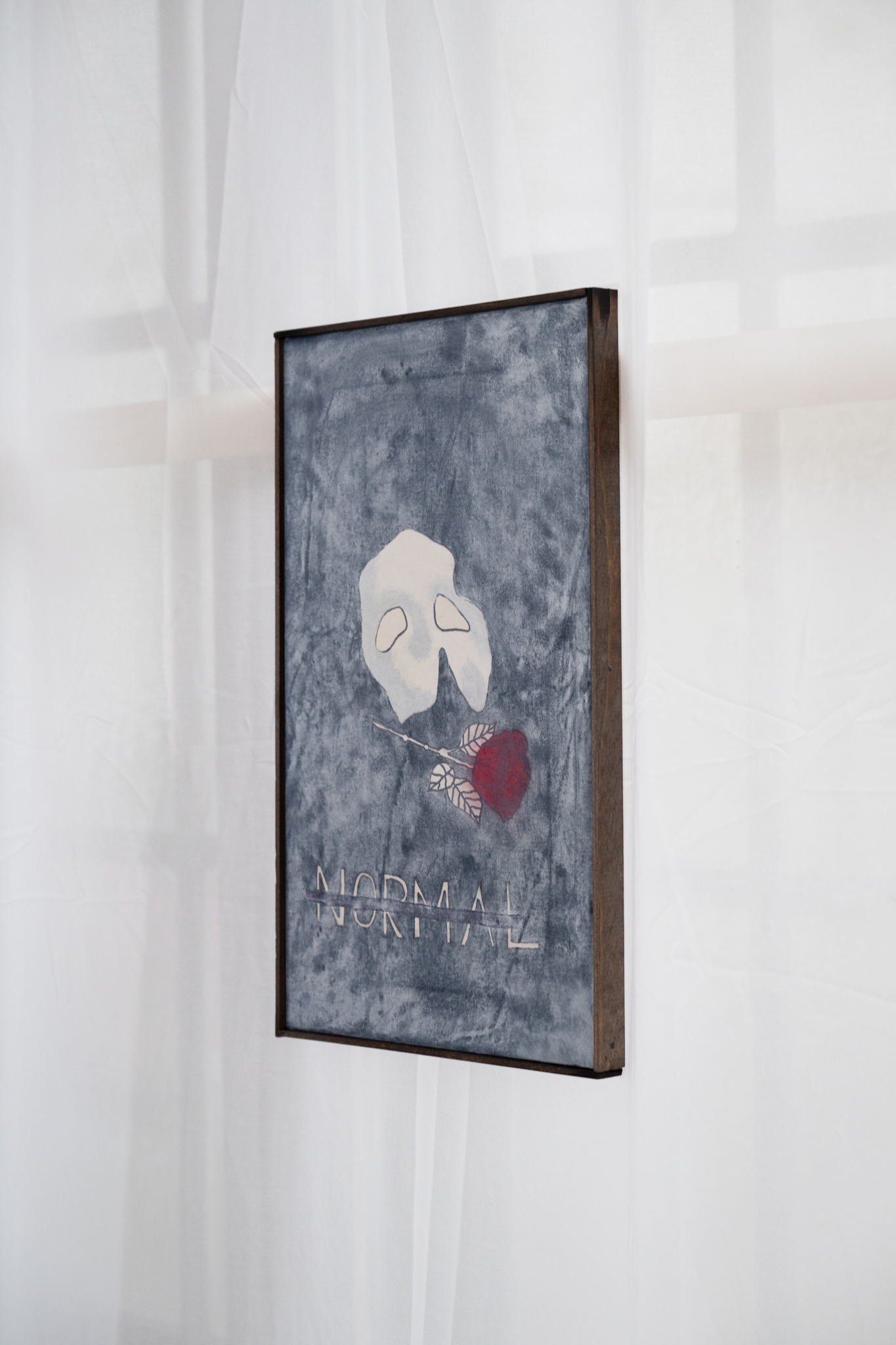 Sylvain Gelewski, The Court Jester 21 (NORMAL), oil, pencil, marker, Indian ink on canvas, walnut stain on wooden frame, 50.5 x 30.5 x 2.5 cm, Sihl Delta, Zurich, 2024