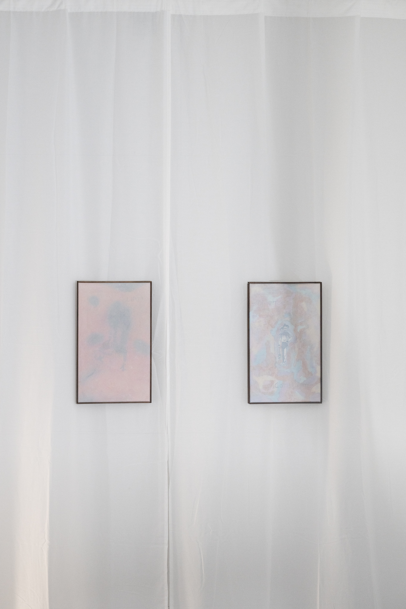 Sylvain Gelewski, The Court Jester 17 (Sky is the Limit) & The Court Jester 15 (Vigilance Constante), oil, pencil, watercolour, Indian ink on canvas, walnut stain on wooden frame, 50.5 x 30.5 x 2.5 cm each, Sihl Delta, Zurich, 2024