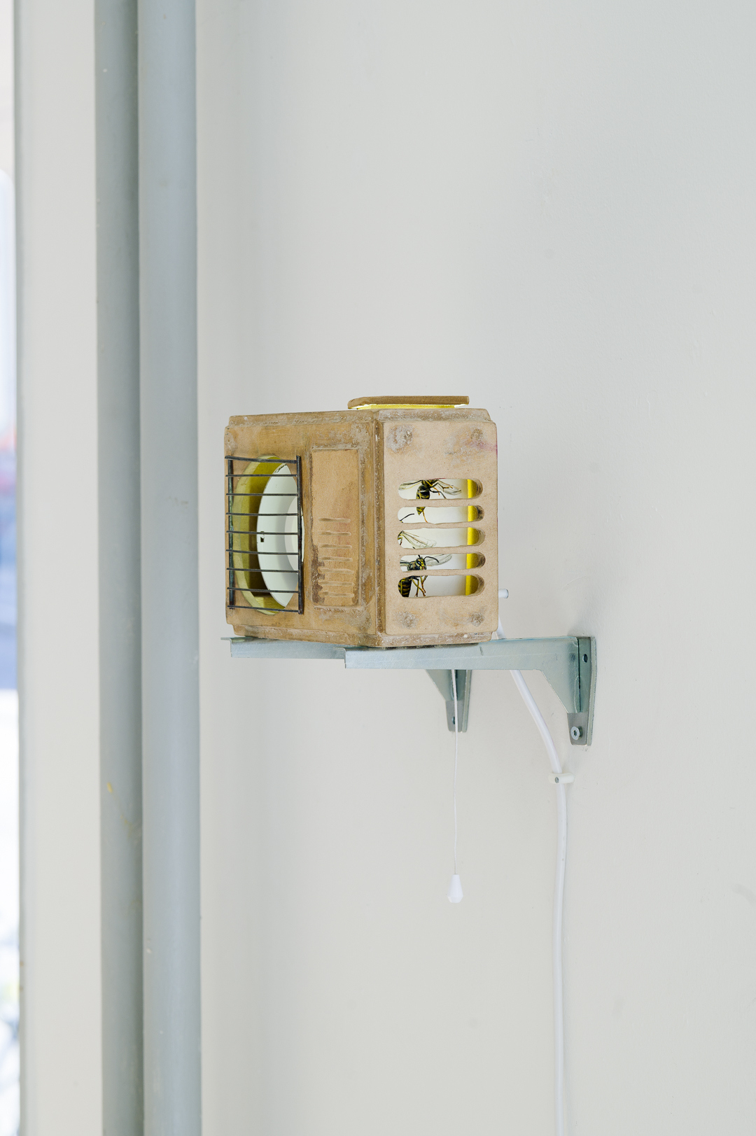 Matthias Ramsey, improving the condition, 2023, ventilator, MDF, lightbox and watercolor on paper, 26 x 16 x 20 cm