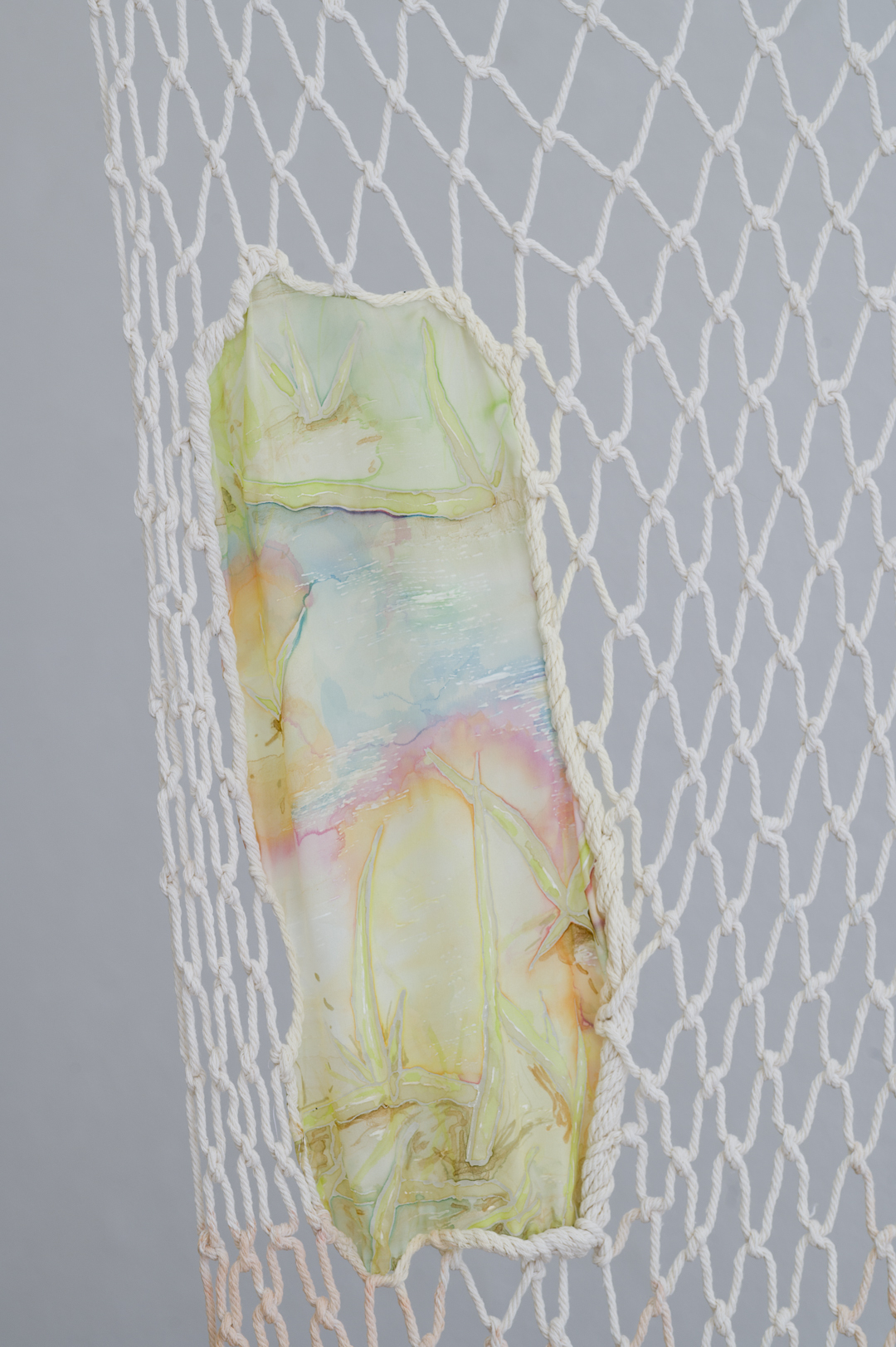 Veronika Abigail Beringer, Sternenrotz (detail), 2023, cotton thread, silk, silkpaint, iron bacteria pigment and ink, 280 x 80 cm