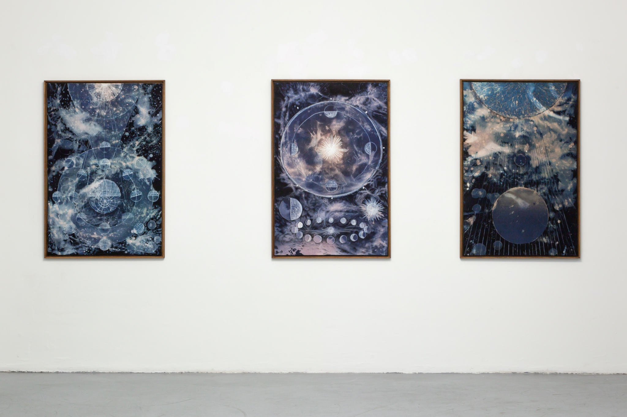 Michi Lukas, from the "Astronomy series" (o.T.), 2024, dyed and bleached paper on canvas, 3x/120x80 cm