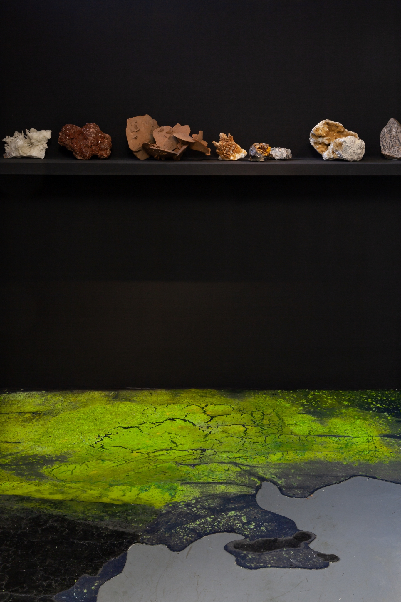 "Moon, she said...", installation view, stones and minerals from Lukasâs ancestors collection; Hugo Canoilas, painted industrial carpet