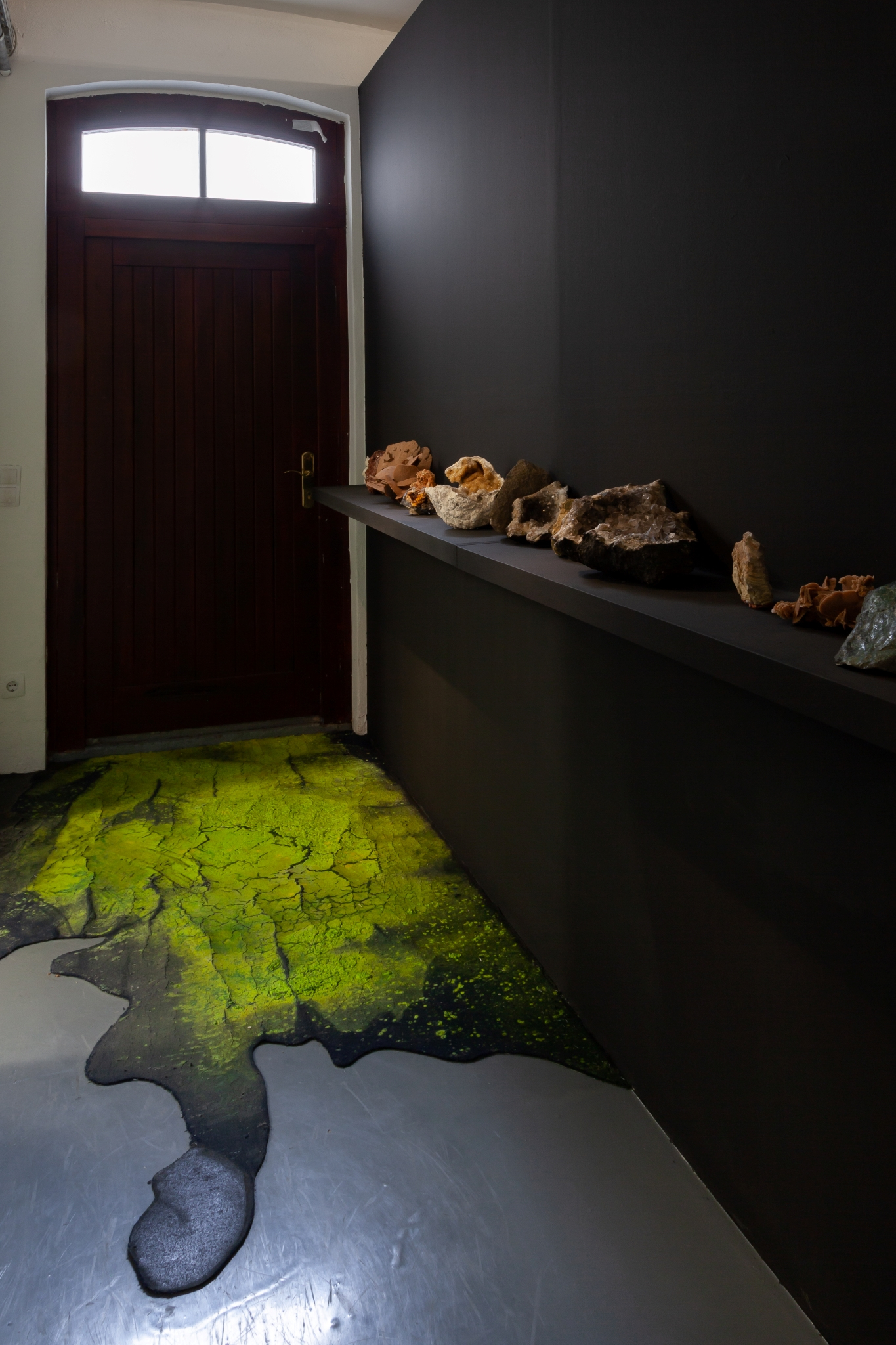 "Moon, she said...", installation view, stones and minerals from Lukasâs ancestors collection; Hugo Canoilas, painted industrial carpet