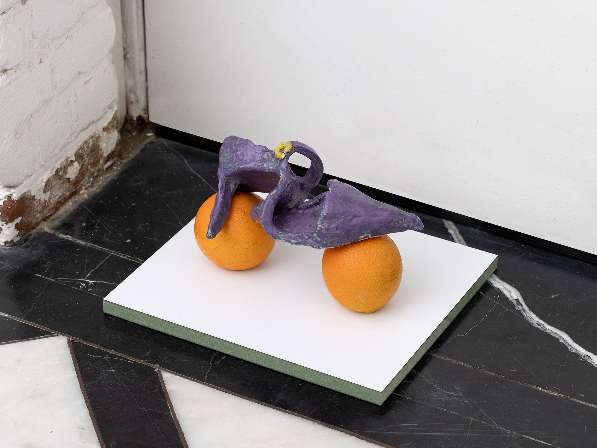 Untitled, 2024, stoneware, oranges and wood, variable dimensions