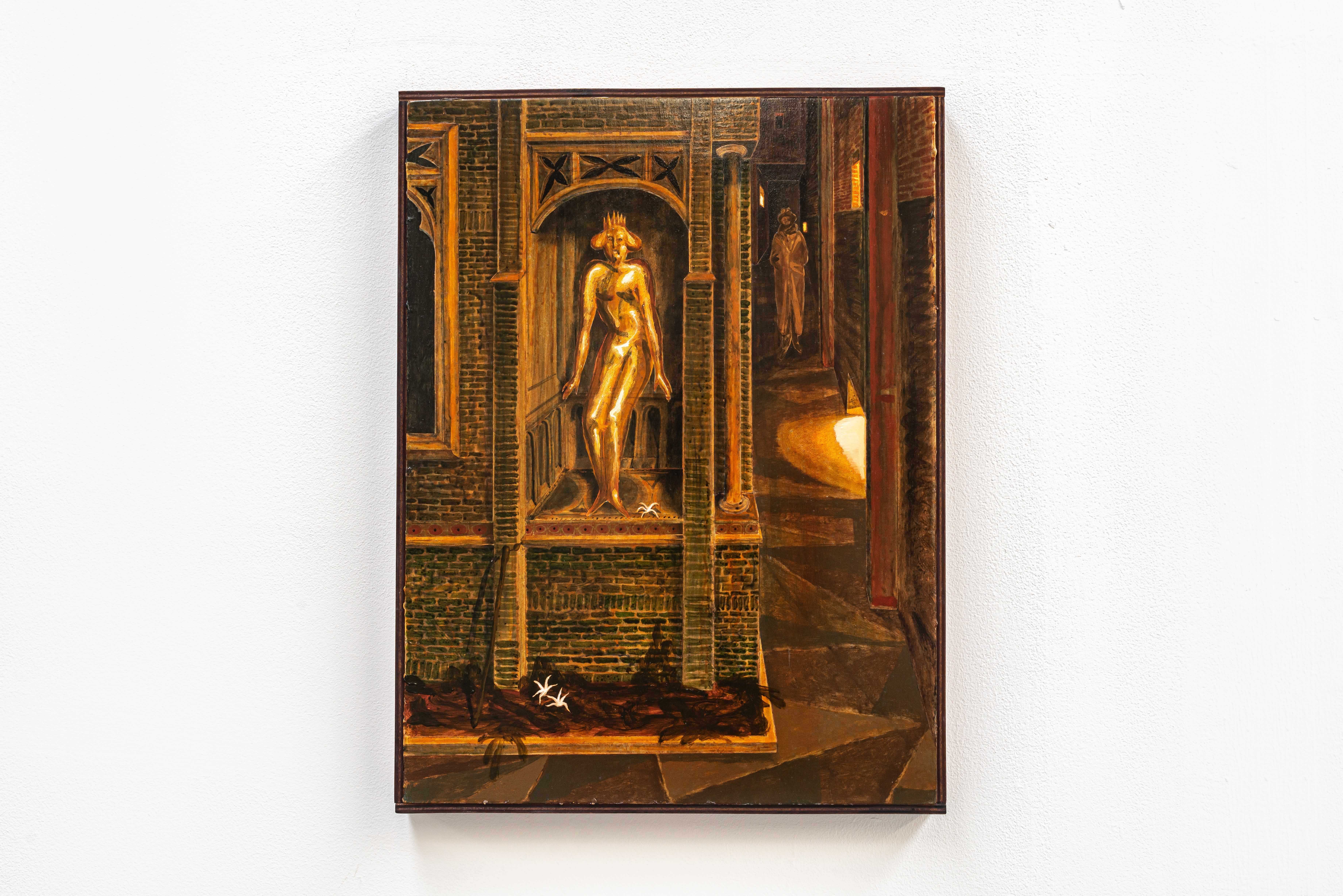 Andrei Pokrovskii, âBlowtorchâ (ink and oil on panel; 40 x 30 x 4 cm), 2023.