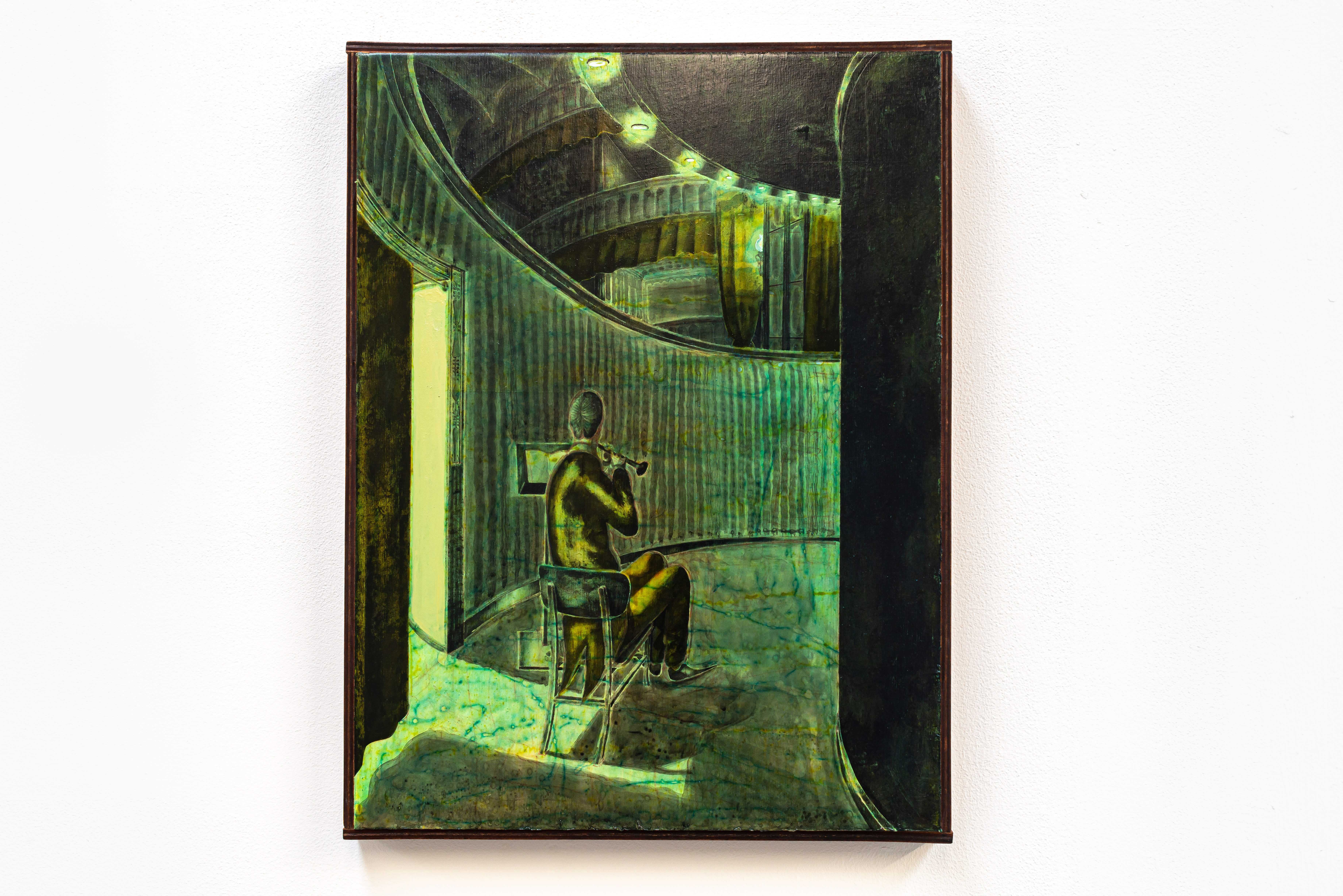 Andrei Pokrovskii, âOrchestra Pitâ (ink and oil on panel; 40 x 30 x 4 cm), 2023.