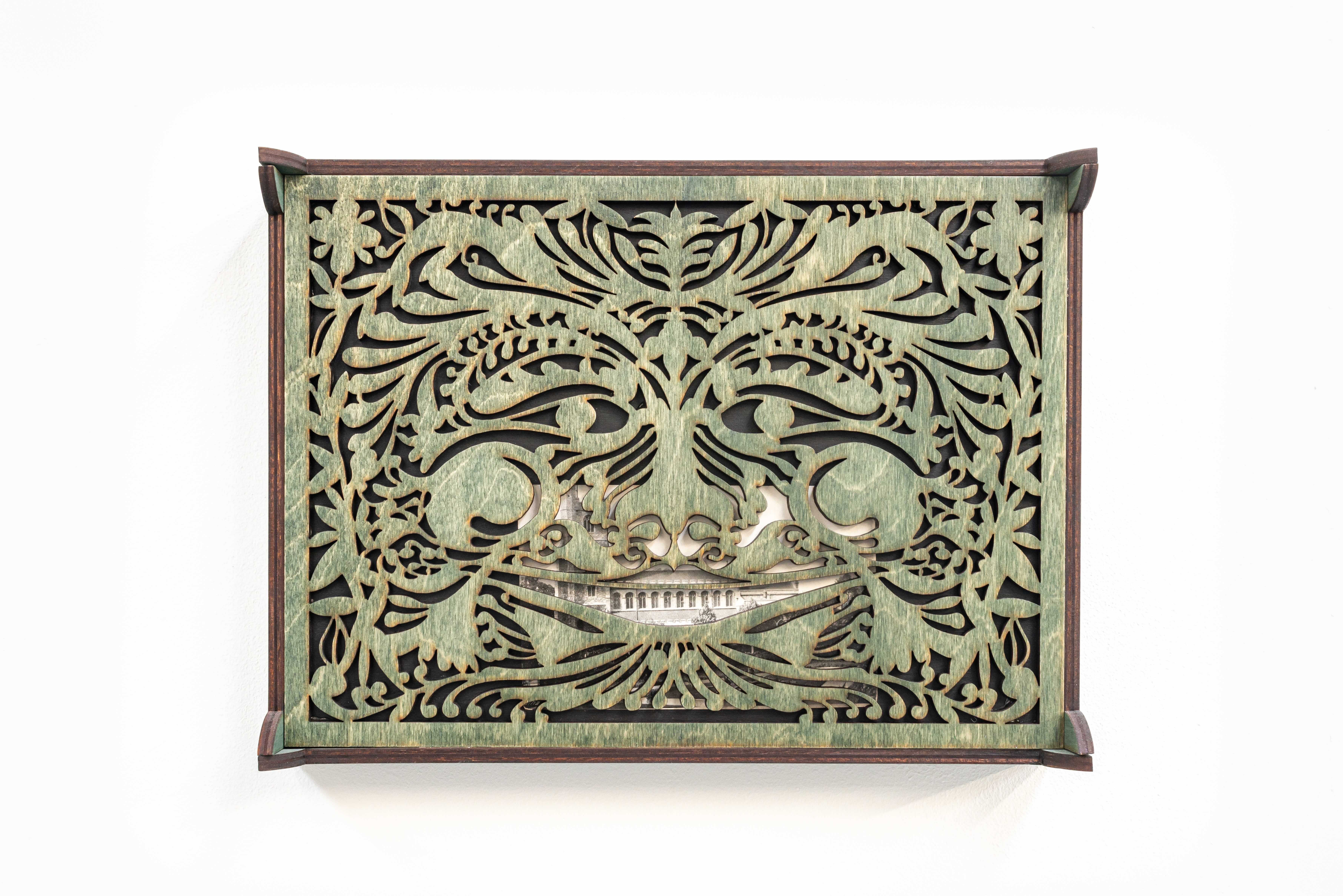 Andrei Pokrovskii, âUntitledâ (plywood, antique postcard; 23.5 x 31.5 x 6.5 cm), 2023.