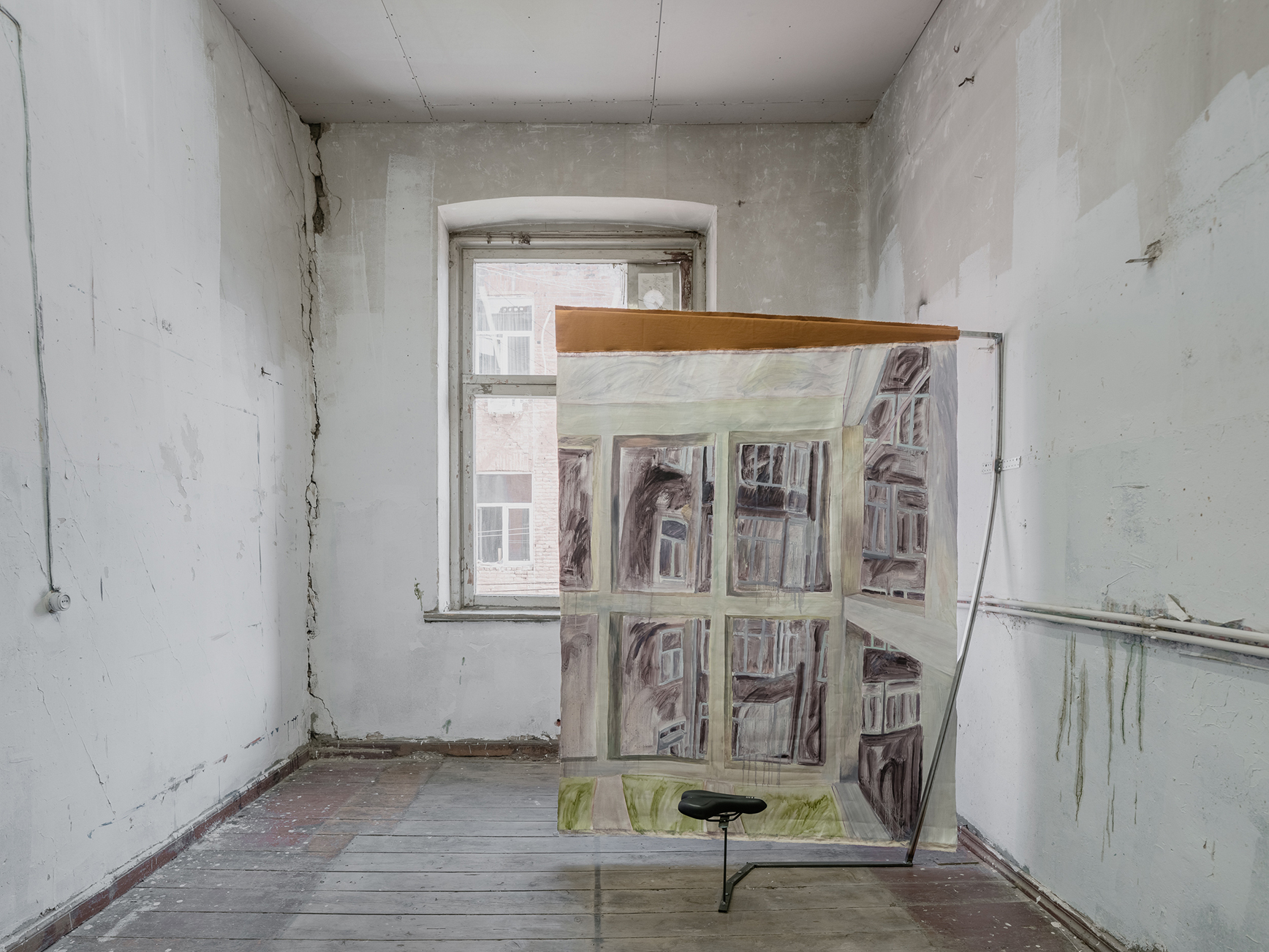 Salome-Dumbadze,-Untitled,-2024,-Oil-on-canvas,-metal-support-system,-bicycle-seat,-190-x-155-cm