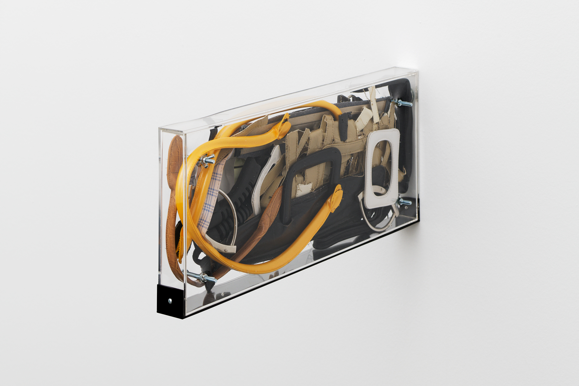 Leolie Greet, a poem for maybe, 2024. Produced in collaboration with Gil Pellaton. Photographs, bag handles, plexiglas. 60 × 25 × 5 cm. Courtesy of the artists.