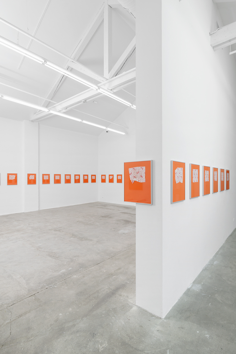 Benedikt Bock, ANGST (50 poems about our time), 2024. 50 used sausage papers on photographic card, frame, glass 50 poems in German and English. 40 × 50 cm each. Courtesy of the artist.